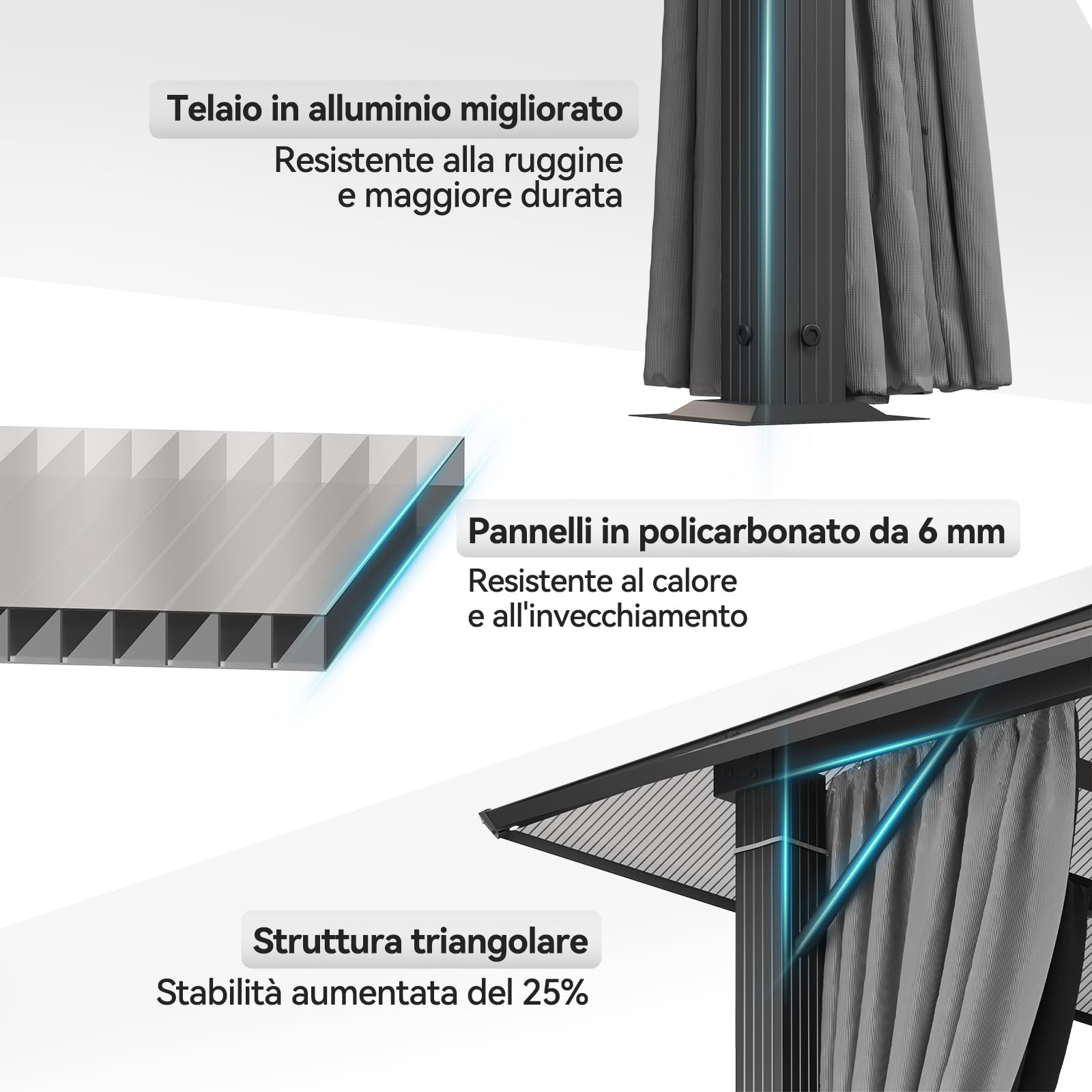 Devoko Gazebo 3 x 3 impermeabile, stabile, in alluminio, gazebo da giardino, con tetto fisso, protezione UV, adatto per scene esterne, grigio