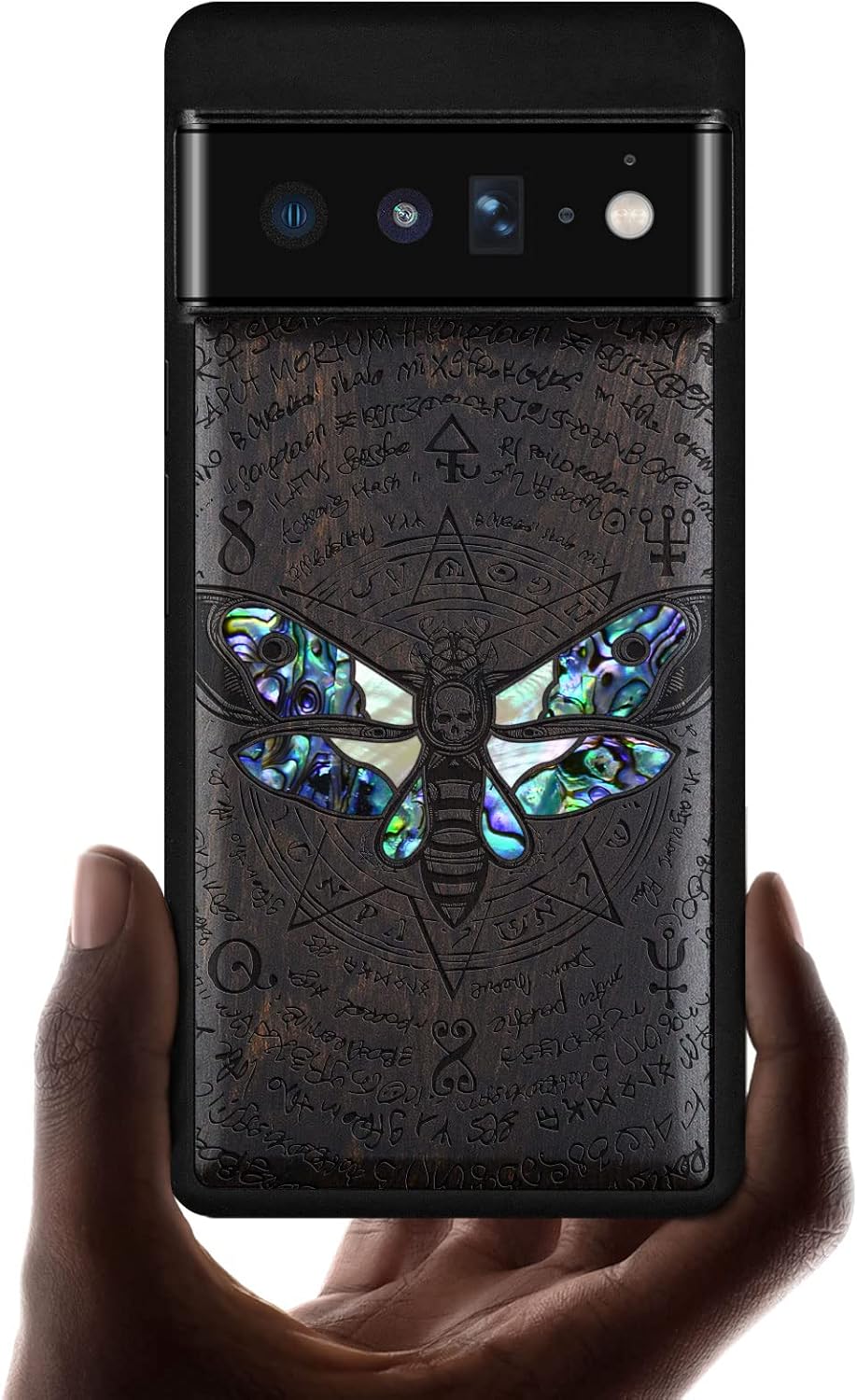 Carveit Designer Wooden Case for Google Pixel 6 Pro Case Cover [Wood Engraving & Shell Inlay] Wood Phone Case Compatible with Wireless Chargers Pixel 6 Pro (Death's Head Moth-Rosy)