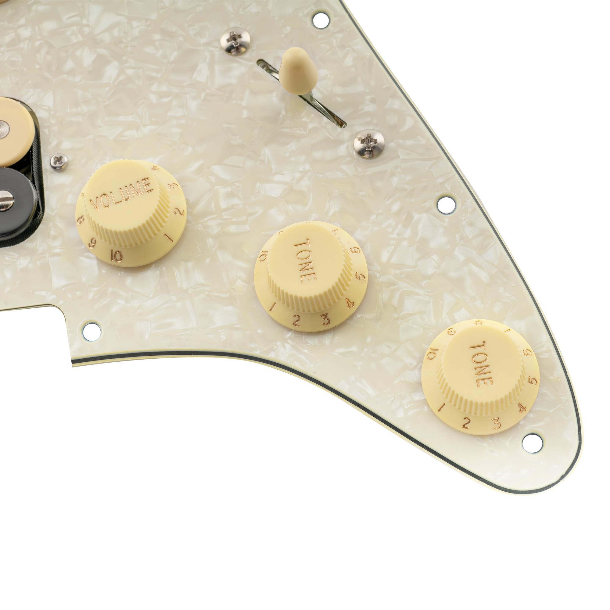 Musiclily Pro Auto-Split SSH Golpeador Precableado Pre-wired Loaded Pickguard con Pastillas Artec Alnico 5 para Guitarra Eléctrica Tipo Strato, 4 capas Aged White Pearl