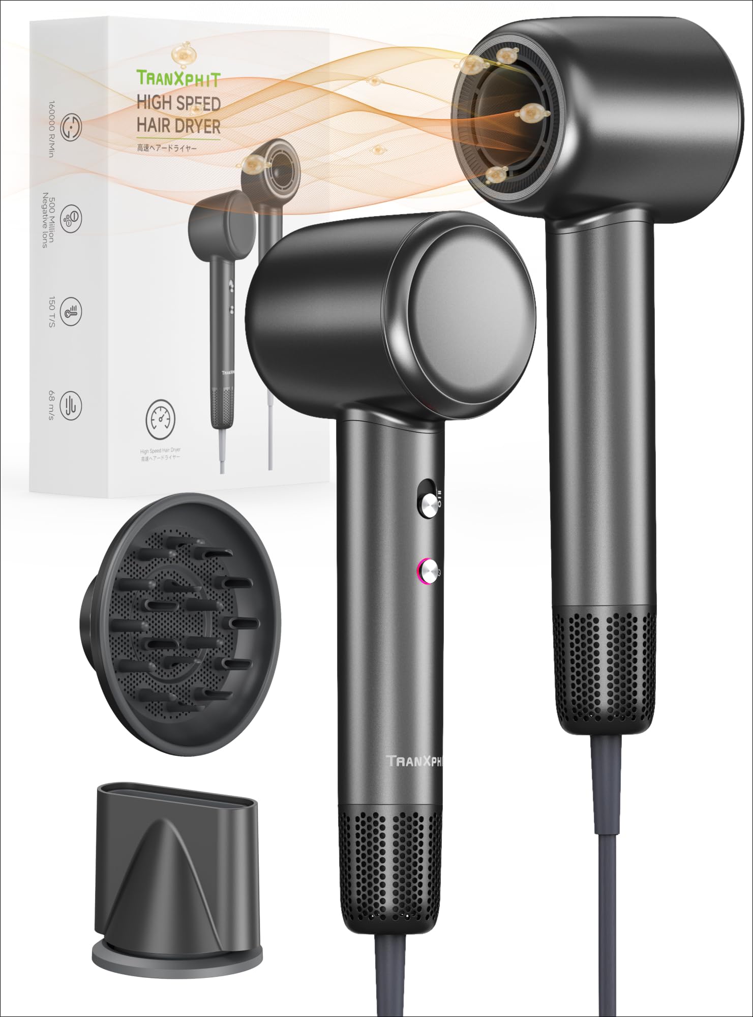 TRANXPHIT High-Speed Hair Blow Dryer: 160000 RPM Professional Hairdryer 500 Millions Negative Ionic Low Noise Thermo Control Lightweight Fast Drying