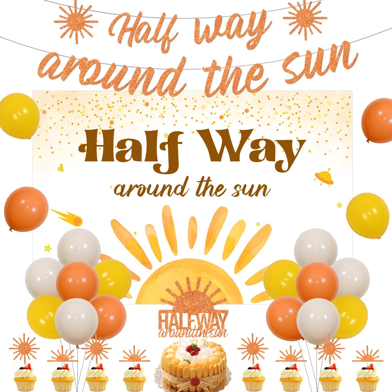 Half Way Around the Sun Decorations Half Way Around the Sun Backdrop Banner 1/2 Birthday Cake Topper Halfway Theme Cupcake Toppers 6 Months Birthday Decorations for 1/2 Way to One Baby Boy Supplies