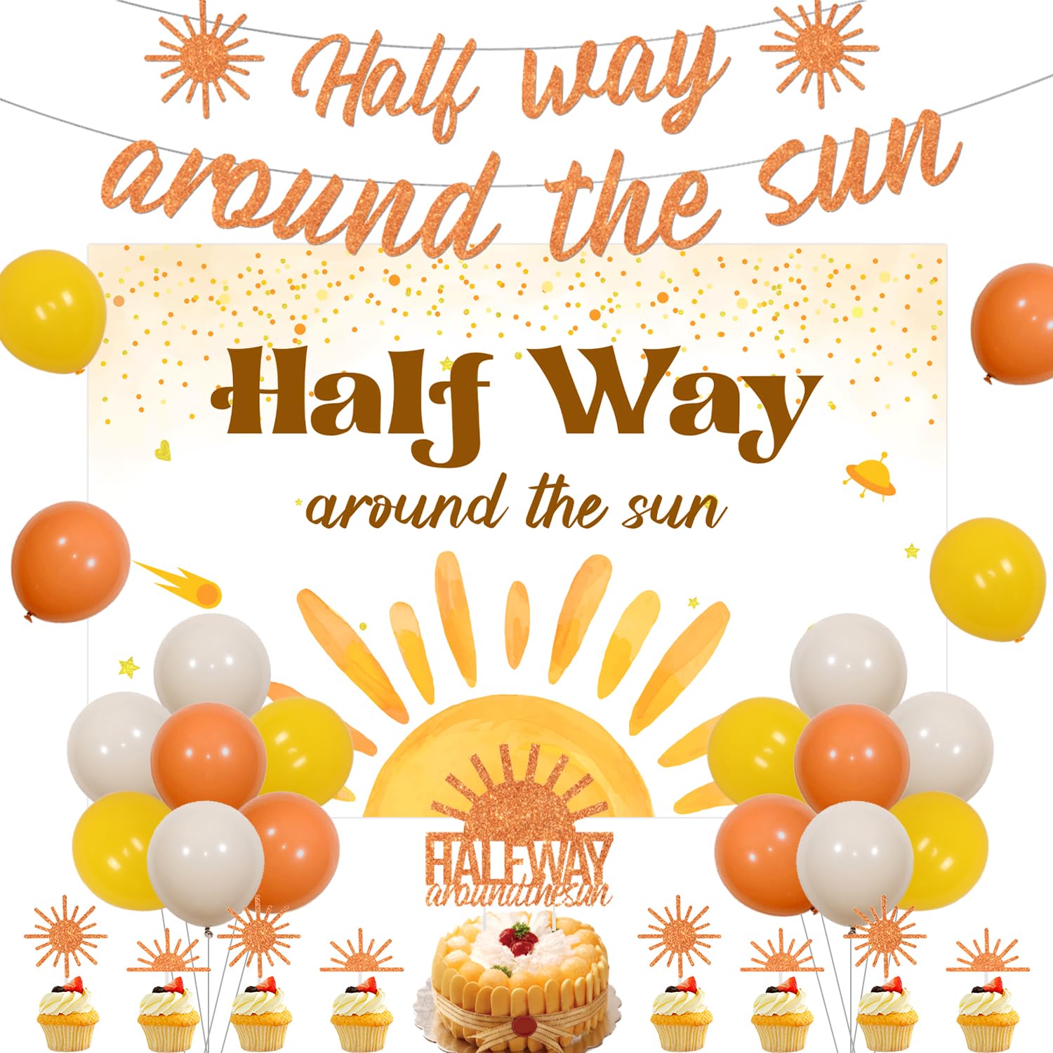Half Way Around the Sun Decorations Half Way Around the Sun Backdrop Banner 1/2 Birthday Cake Topper Halfway Theme Cupcake Toppers 6 Months Birthday