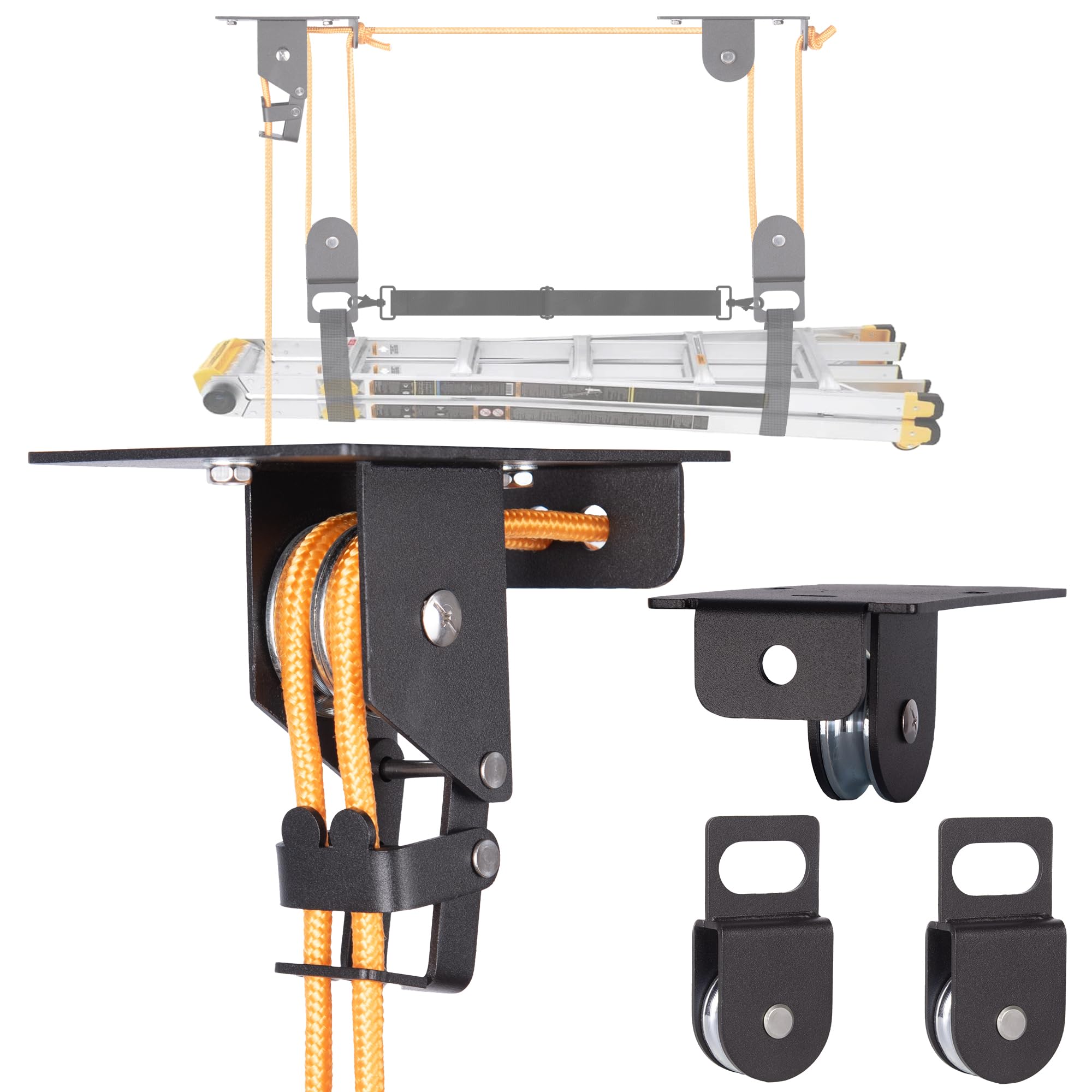 RoakyRoasy Ladder Hoist for Garage Ceiling with Metal Pulley System Holds 150 lbs, 5.5" Low-profile Self Locking Storage Lift, Parallel or Perpendicular Mounted