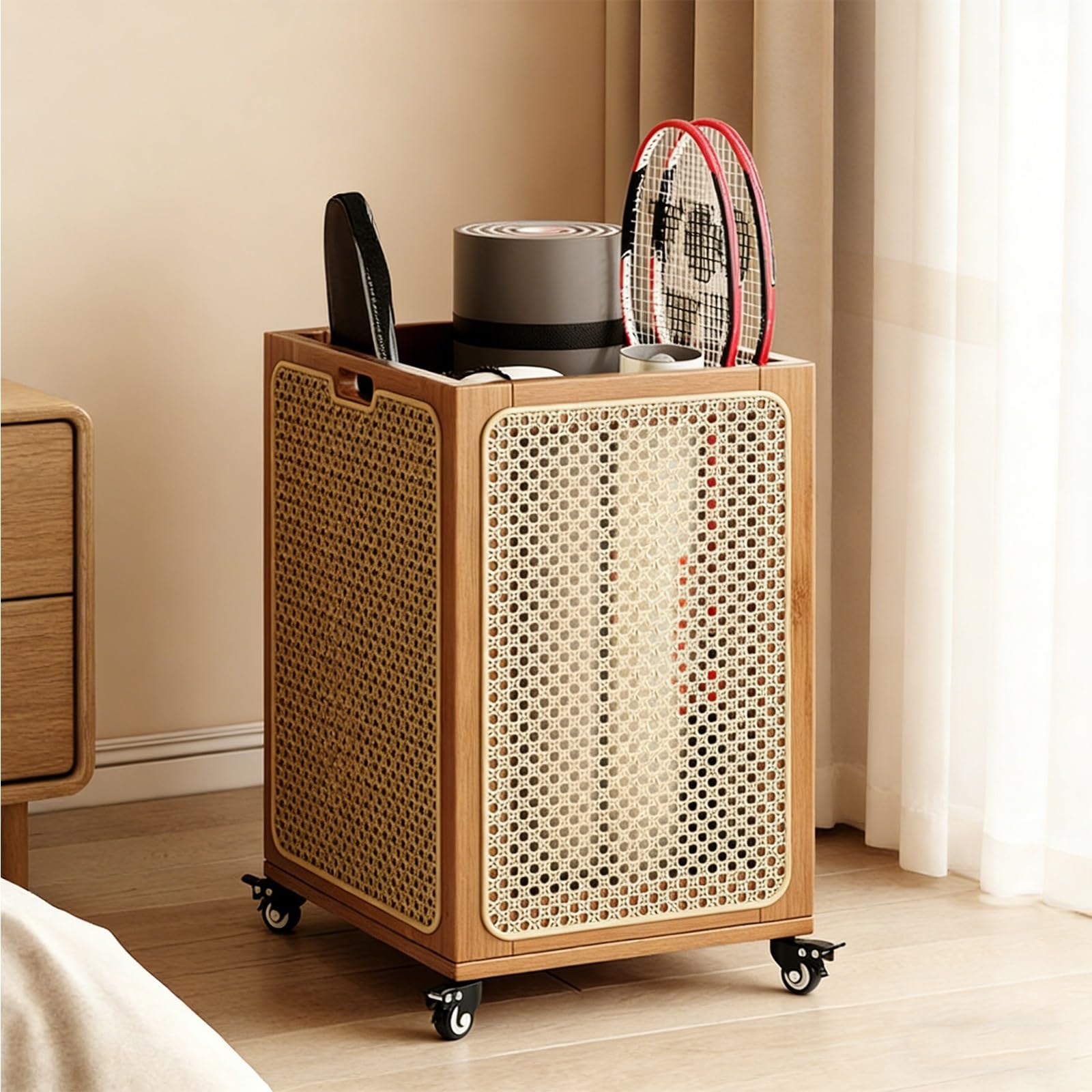 Cesta de bambú con ruedas, cesta grande y estrecha con asa para lavandería, dormitorio, almacenamiento de ropa