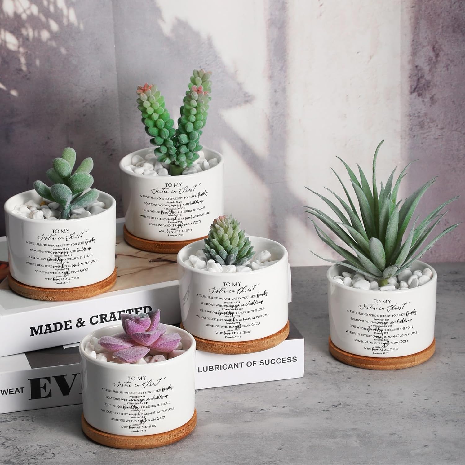 Sieral 6 Pcs Easter Sister in Christ Small Succulent Pot with Bamboo Tray, Bible Christian Gift 3.15 Inch Mini Ceramic Succulent Planter for Mother Day Sunday Church Bible Study, Plants Not Included