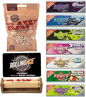 Juicy Jays Rolling Papers Bundle - Super Fine Rolling Papers. Raw Rolling Machine, 7 Packs of 1 1/4 Juicy Jays Super Fine Flavoured Rolling Papers, Raw Slim Filters, Premium Rolling Ace Scoop Card