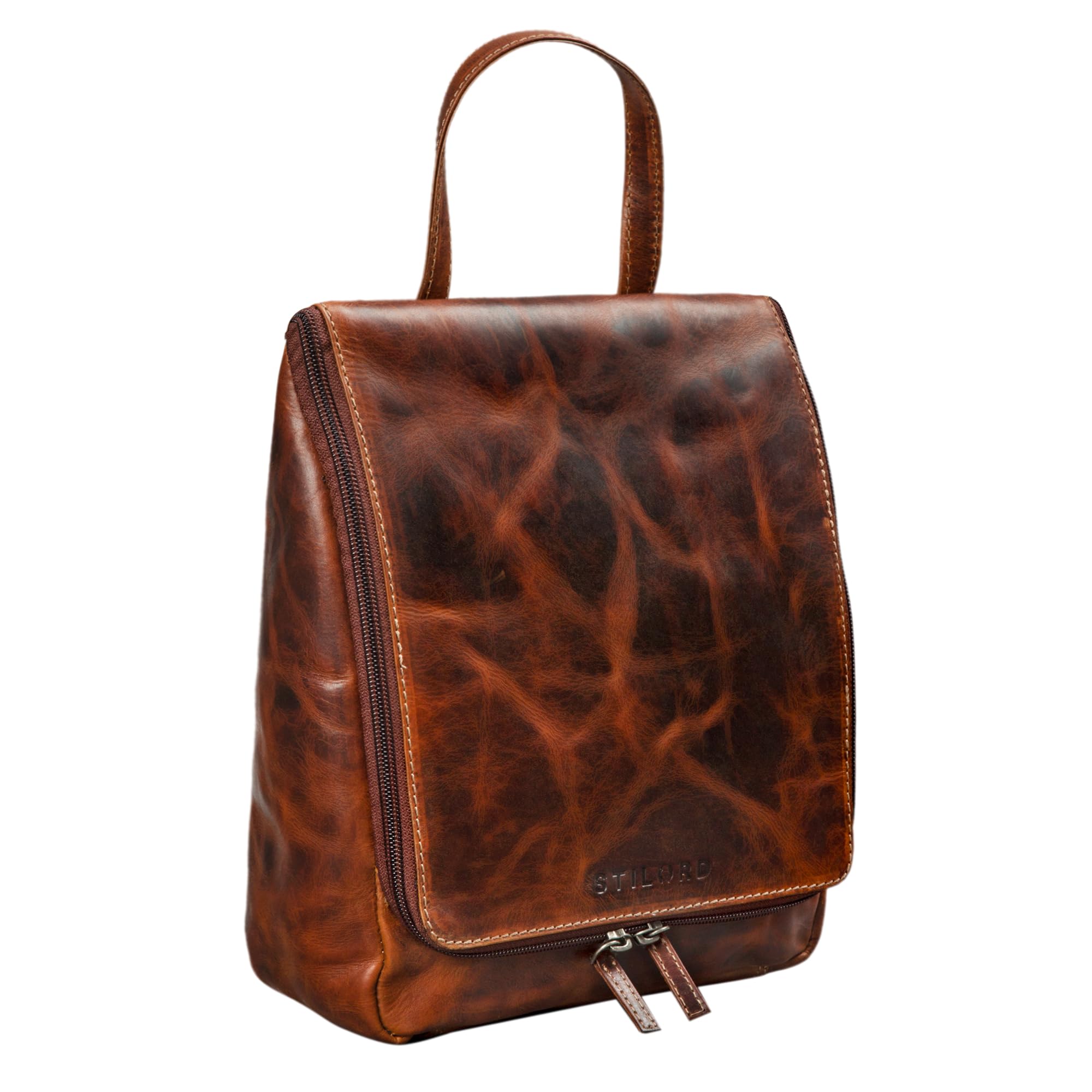 STILORD Lewi Neceser Piel con Gancho Colgantes Hombres Mujeres marrón XL Grande Bolsa de Lavado de Piel Cuero auténtico Vintage Design Color:Milano - marrón