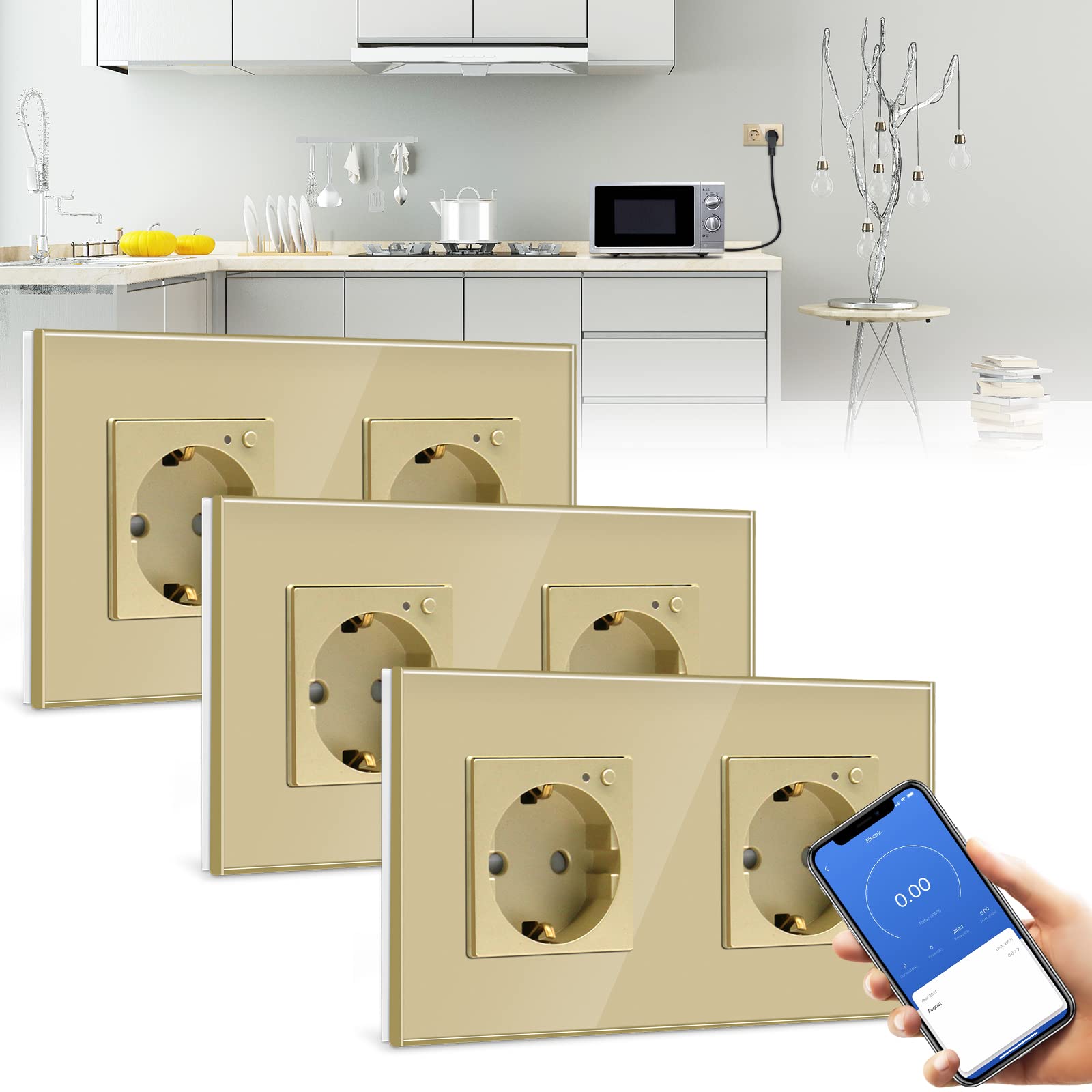 BSEED BSEED Enchufe Doble de Pared WiFi con monitor de consumo de energía,Oro Schuko Enchufe inteligente Compatible con Alexa y Google Home,Control de APP y Función de Temporizador -3 Paquete