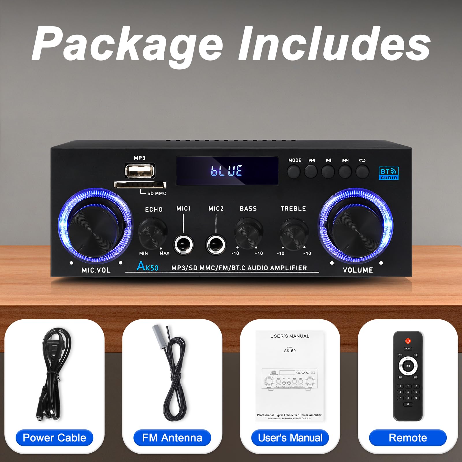 AK50 Amplificador estéreo de audio para el hogar, Bluetooth 5.0 máximo 200 W, receptores estéreo de 2.0 canales para coche, fiesta en casa, amplificador con tarjeta USB/TF/entrada AUX/control de