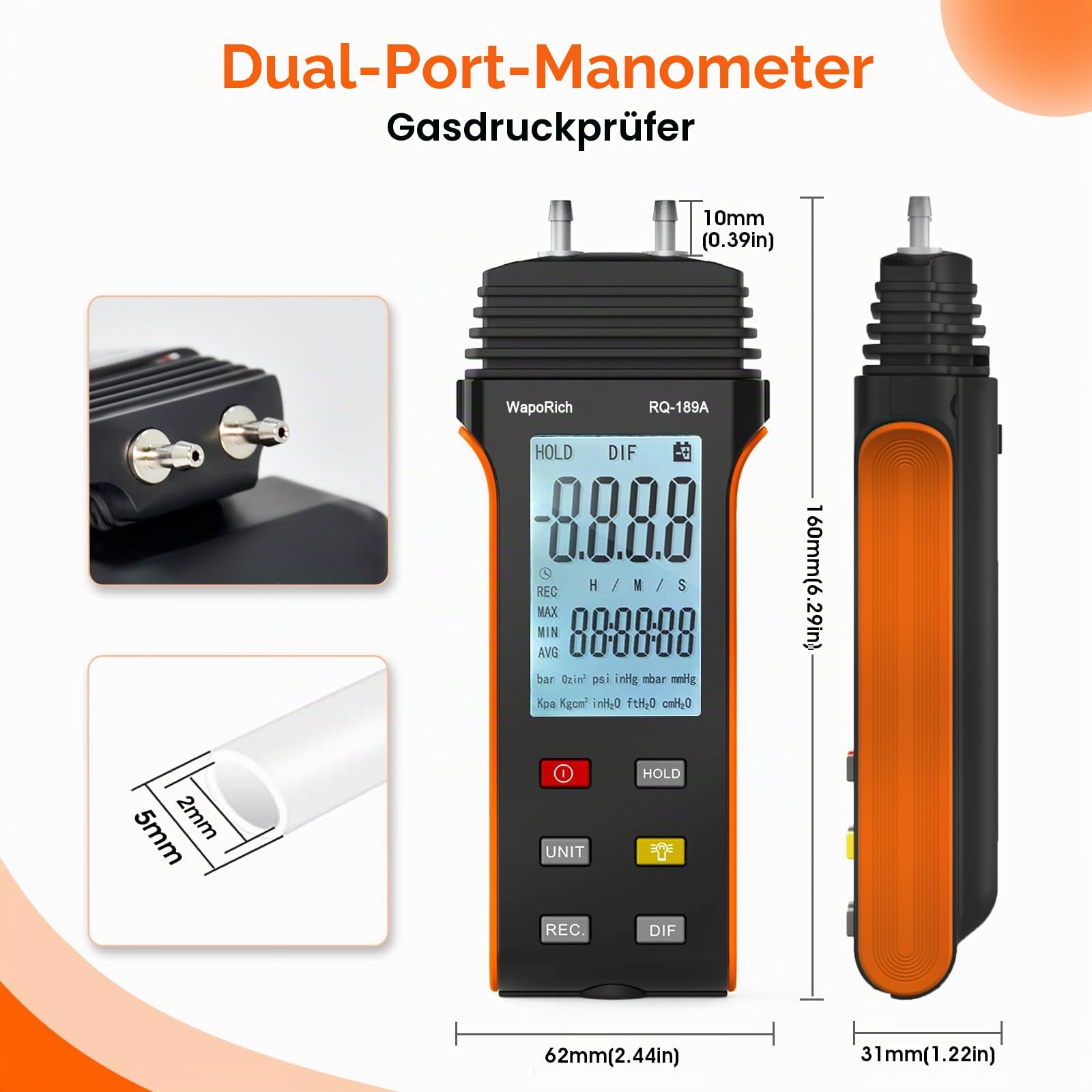 Manometer Professionellen Luftdruckmesser RQ-189A, Differenzdruckmessgerät Dual-Port-Manometer-Gasdrucktester mit 11 Selektierbaren Einheiten, Hintergrundbeleuchtung