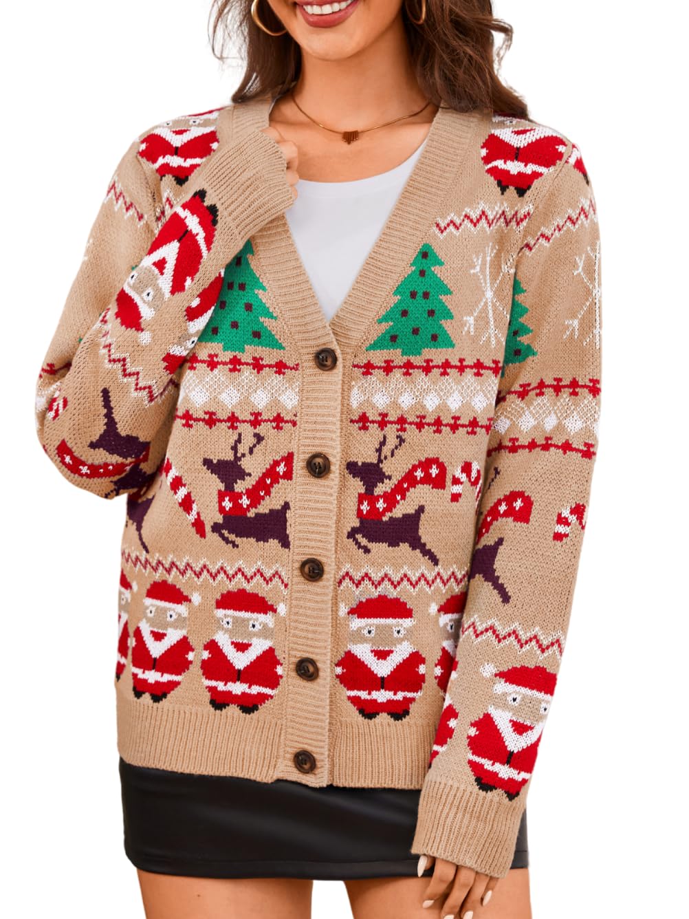 Womens Christmas Funny Cardigan Fits 0-18 Ugly Santa Reindeer Xmas Tree V-Neck Button Down Festive Knit Tops