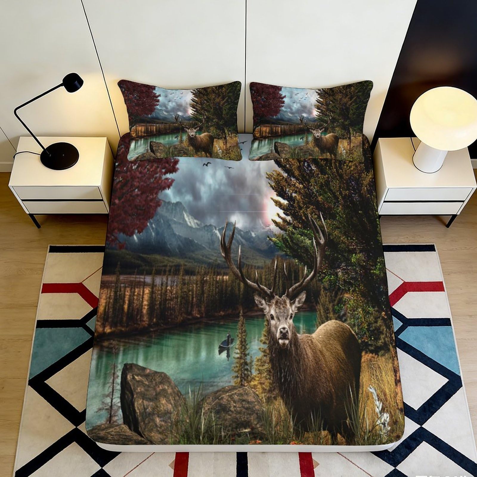 Pnayamiorkfel Style-1 3D Printed Forest Lake Fitted Sheet Microfiber Elk Deer Mattress Cover Scenic Nature Bedroom Decor Protection 90X200x25cm