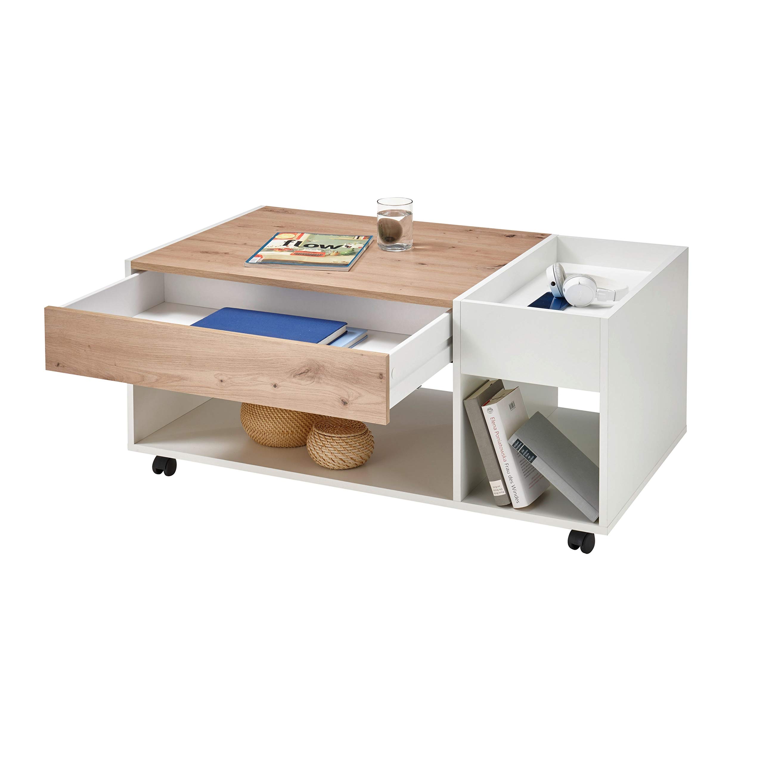 EMIL Couchtisch auf Rollen Artisan Eiche Weiß 110 x 44 x 60 cm (B/H/T) | Mobiler Sofatisch mit Ablagefach und Schublade, praktischer Beistelltisch für Wohnzimmer, Tisch auf Rollen