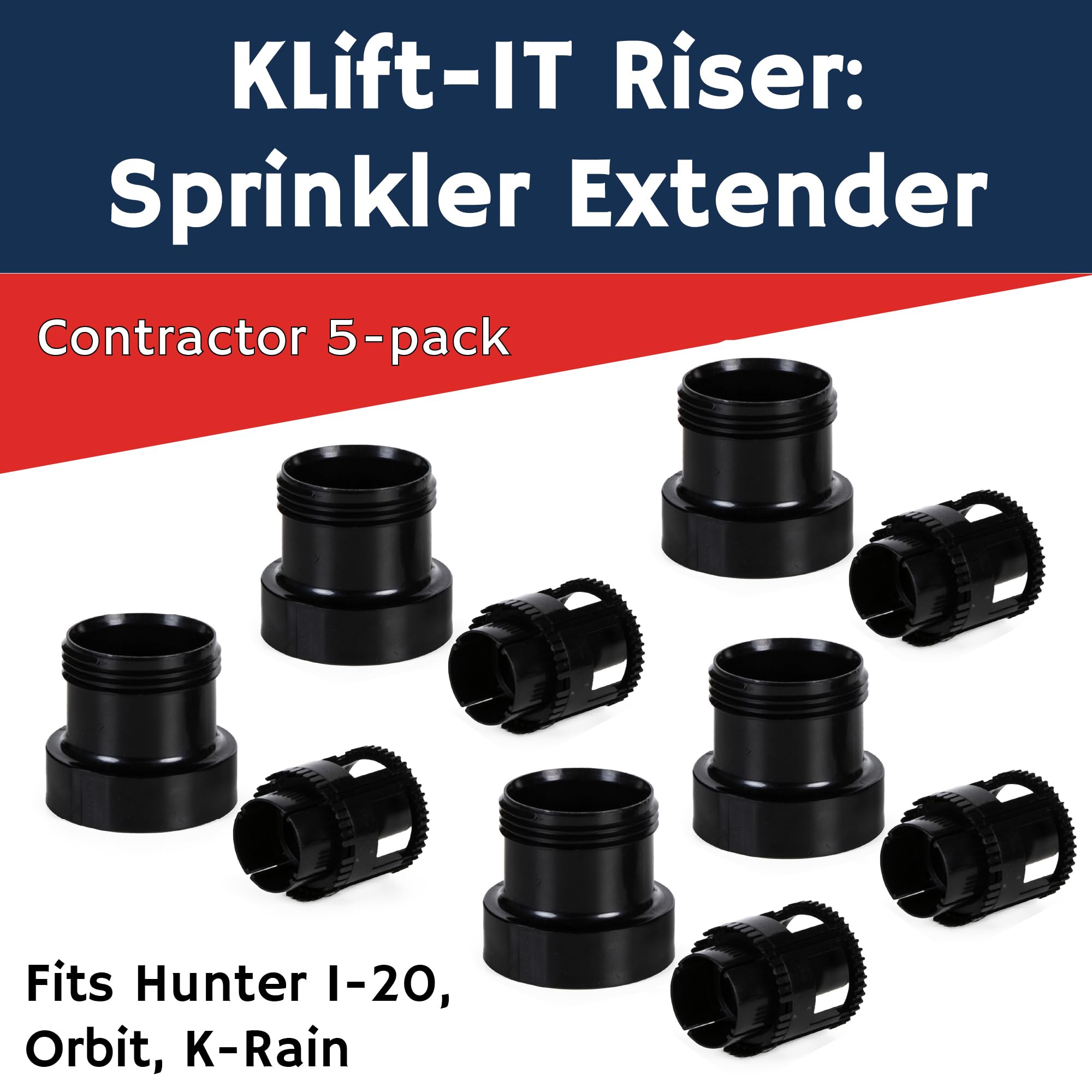 KLift-It - Extensor de aspersor de rotor – Acoplador de 2 pulgadas con tubo de aspersor de válvula de retención – Se adapta a Hunter I-20, Orbit, K-Rain – 5 unidades