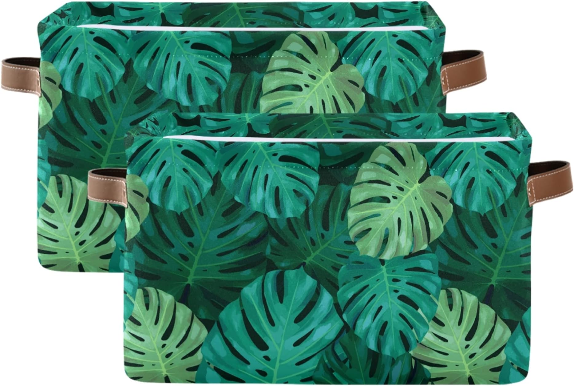 Fabric Storage Boxes with Leather Handle, Set of 2, Tropical Leaves Of The Palm Tree Waterproof Collapsible Canvas Organiser Cubes Toys Clothes Storage Cube Bins for Shelves Closet Household Organizer