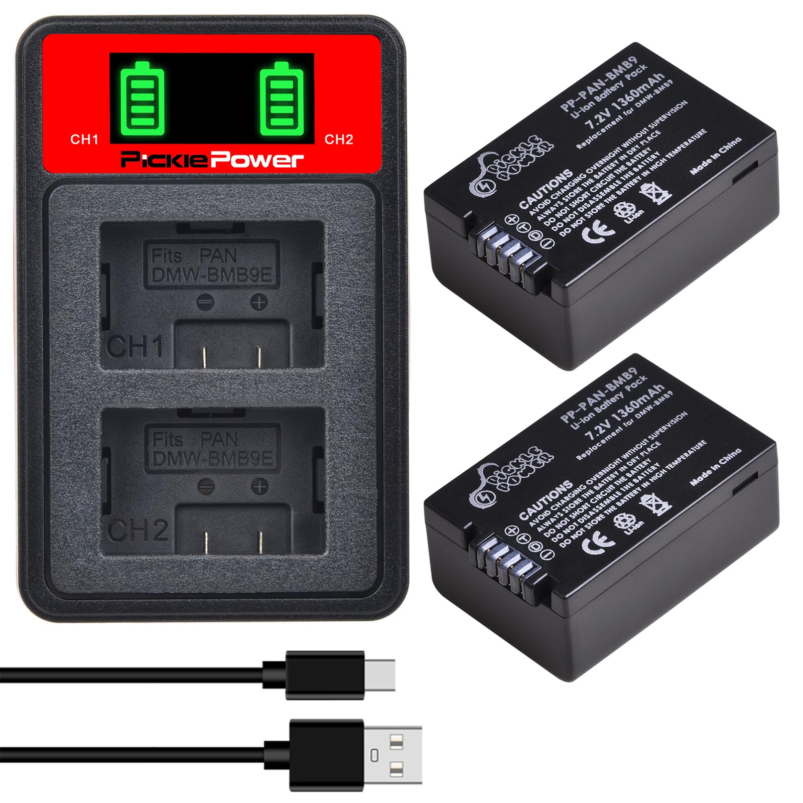 Pickle Power 2Pcs DMW-BMB9 DMW-BMB9E Batterie et Chargeur USB pour Panasonic Lumix DC-FZ82 DMC-FZ72 DMC-FZ45 DMC-FZ48 DMC-FZ100 DMC-FZ62