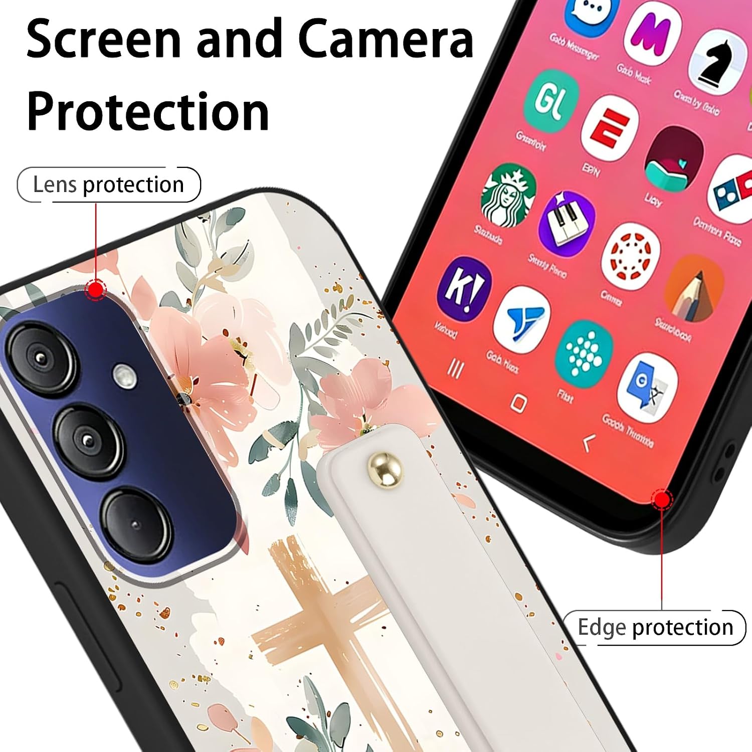 White Aesthetic Floral Phone Case for Gabb Phone 4 Pro 6.5 Inch, Cute Kawaii Flower Collage Pattern with Flexible Adjustable Soft Finger Hand Wrist Strap Holder Kickstand Protection Cover image 4