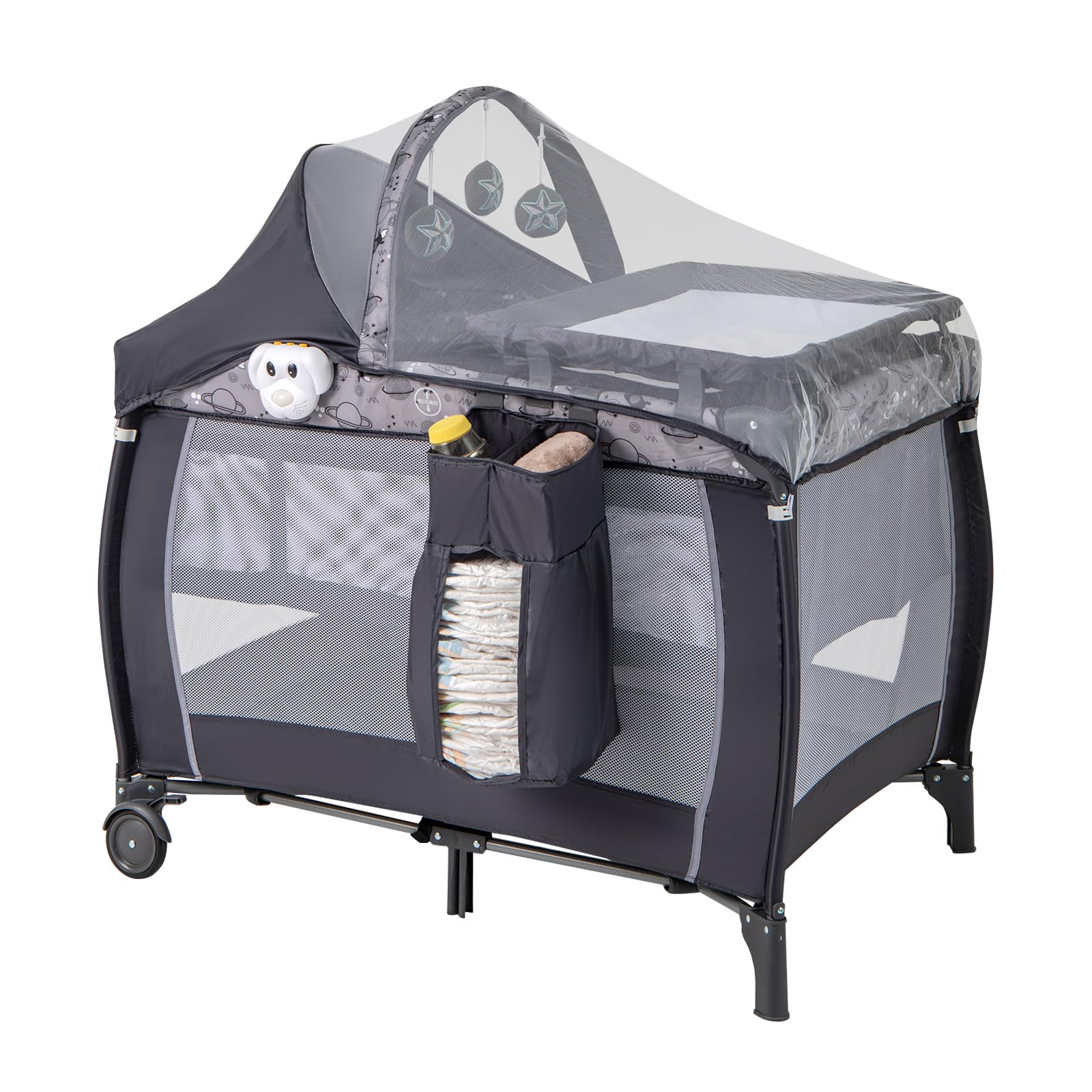 GOPLUS Lit Parapluie Bebe avec Matelas, 4 en 1 Berceau Bébé Evolutif avec Table a Langer, Roues Verrouillables, Jouets Suspendus, Boîte à Musique, Lit de Voyage Portable pour 0-3 Ans