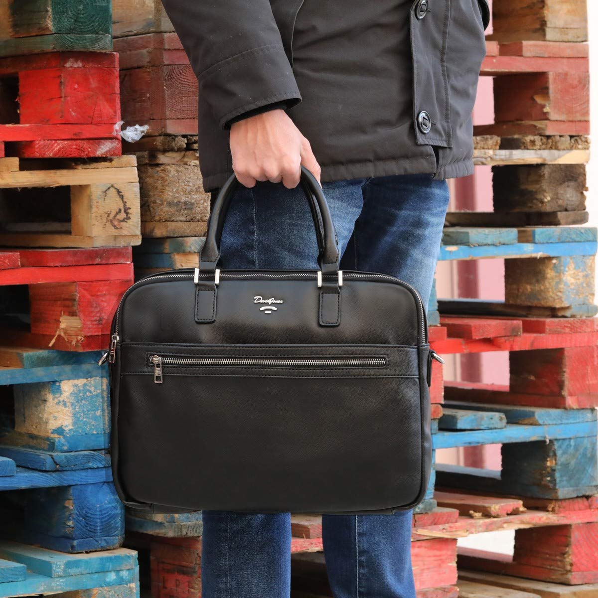 David Jones Sac à Main Business Porte-Documents Homme Simili Cuir PU Cartable Travail Sacoche Ordinateur Portable Mallette Serviette Affaires Professionnel Bandoulière Gris