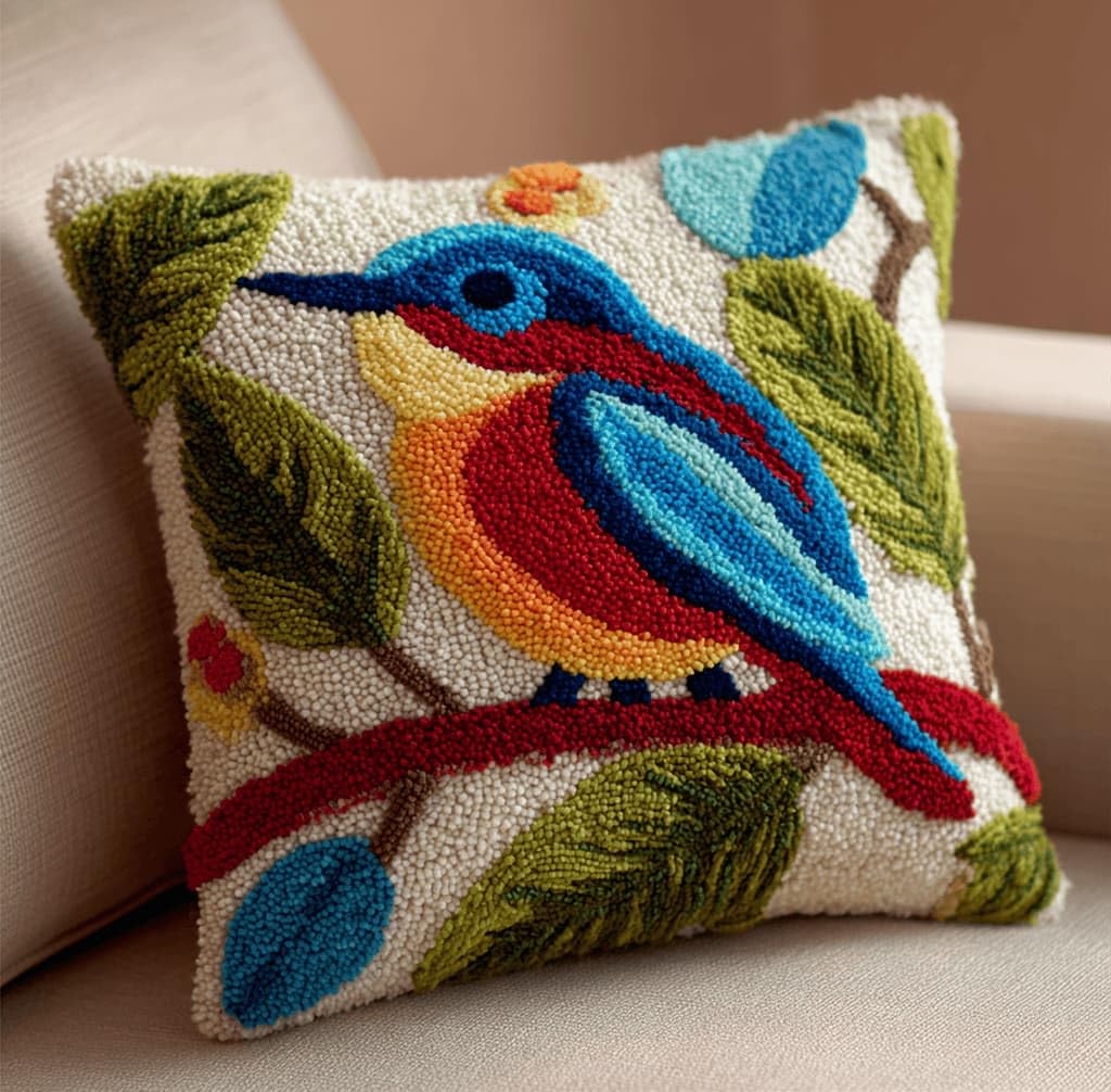 Kitquiver Latch Hook Rug Kits for Adults Jungle Bird DIY Latch Hook Cushion Cross-Stitch Embroidery Cushion Cover for Home Sofa Decoration 17X17 in.