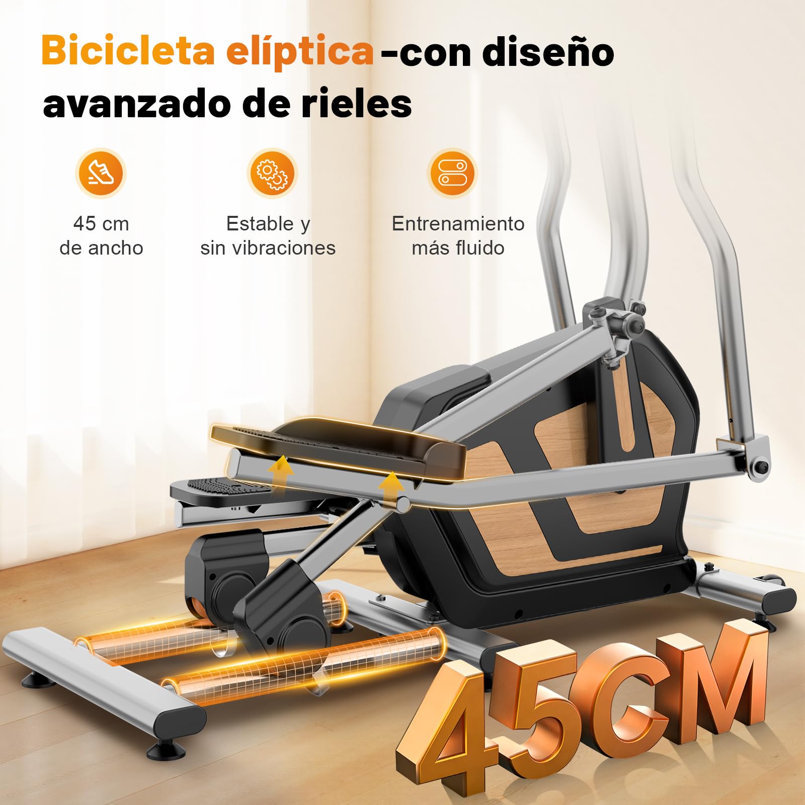 Elíptica para Casa, Ultra Silenciosa Bicicleta Eliptica con Resistencia Magnética de 16 Niveles, Volante 10kg, Zancada de 45 cm, Monitor LCD y Bluetooth, Sensor de Pulso, Soporta hasta 150kg