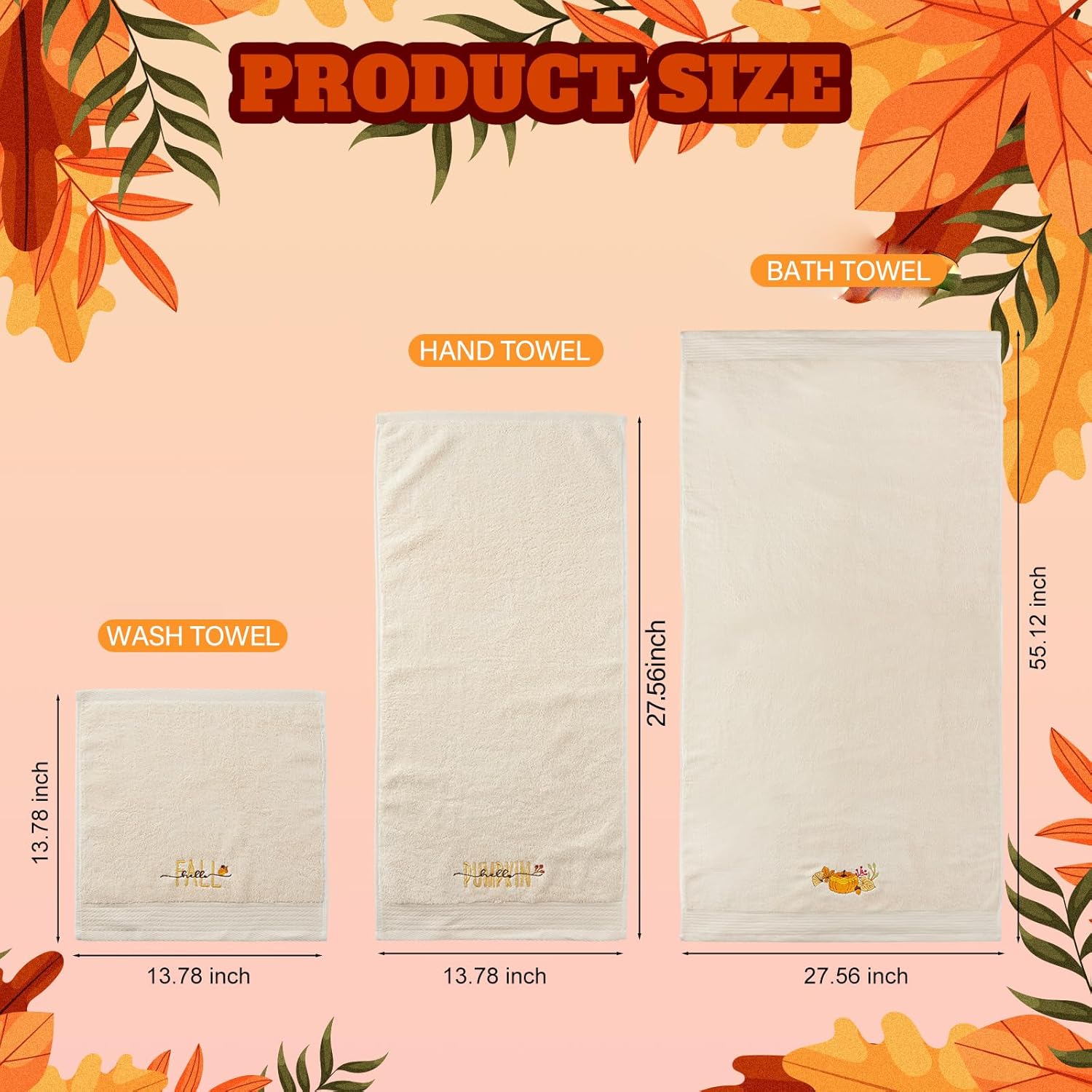 Peryiter 3 Pack Fall Bath Towels Set -Cotton Thanksgiving Pumpkin Embroidery Hand & Facial Towels Wash Cloth for Bathroom Fall Autumn Decorations - Image 3