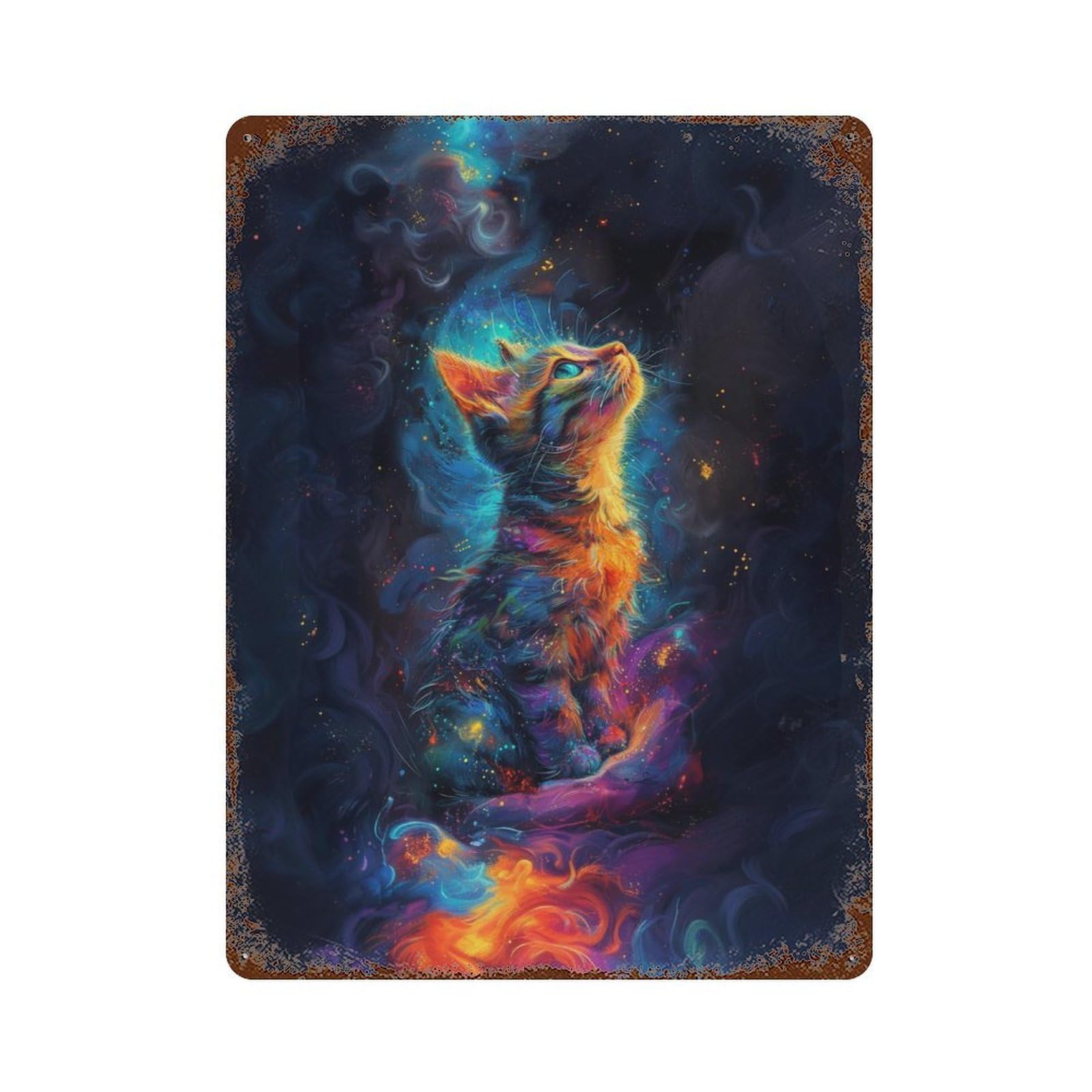 Rust Effect Cosmic Cat Dreamscape Distressed Metal Wall Sign 15.7"x11.8", Shabby Chic Decor for Pub, Kitchen And Man Cave Decor