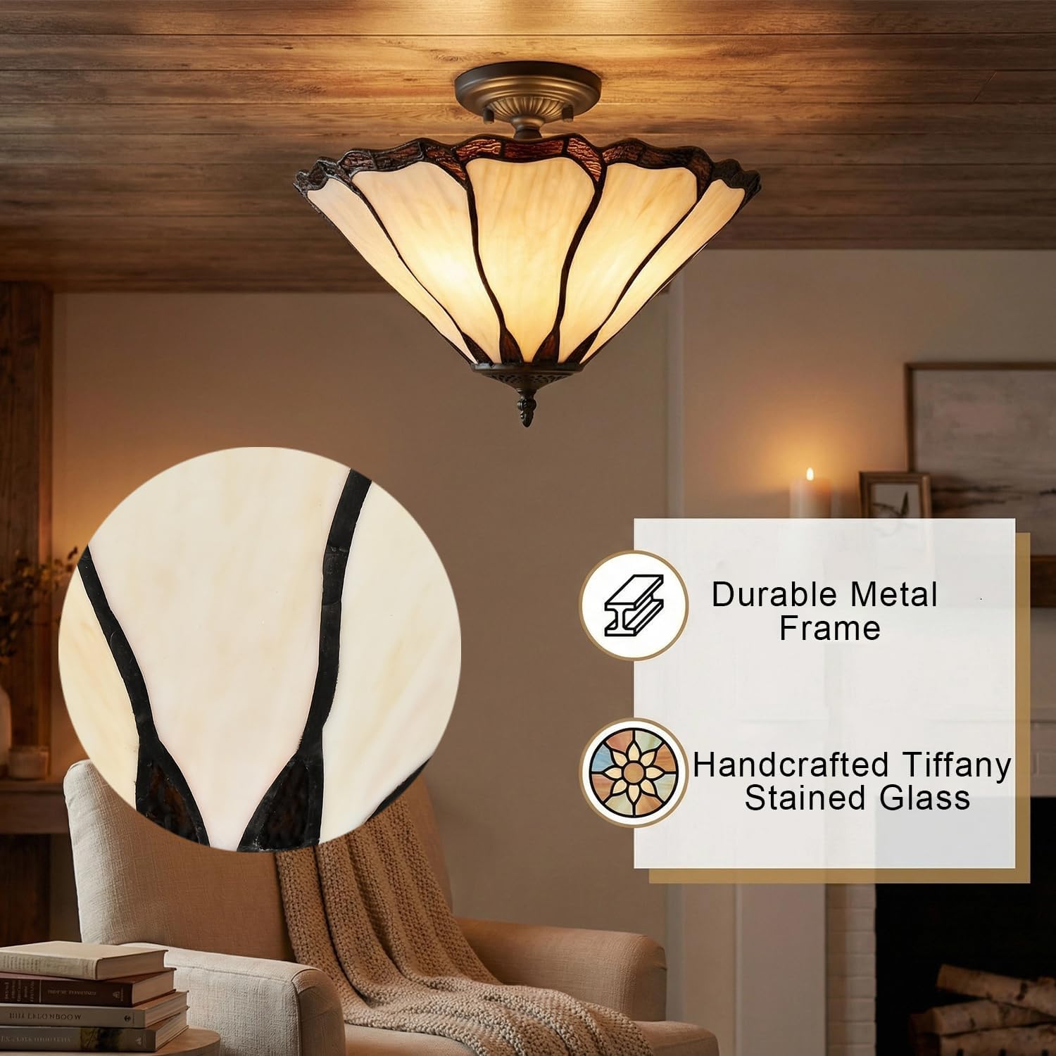 DEYNITE Tiffany Ceiling Light Semi-Flush Mounted Black Ceiling Light Fixture with Handmade Stained Glass Shade, 3-Light Tiffany Light, E26 Base for Bedroom Hallway Living Room, Bulb not Included