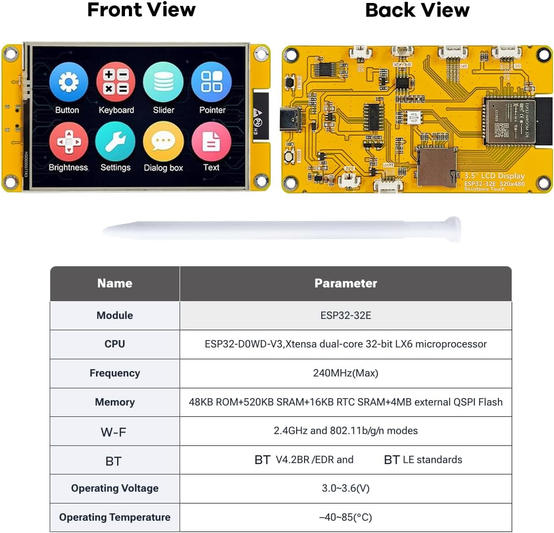 Front and back views of the Hosyond 3.5-inch ESP32 Display Module, highlighting the screen and main components.