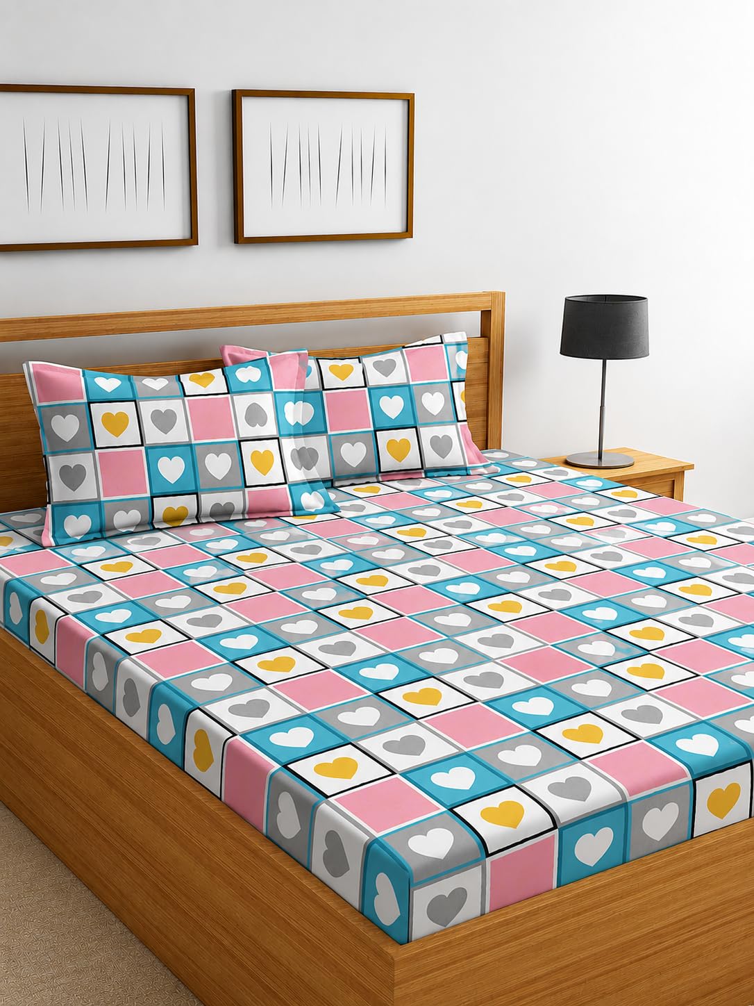 DECORUM Glace Cotton Fitted 1 Bedsheet King Size (72"x78") | All Around Elastic | Cotton Feel | 2 Pillow Covers (17"x27") | Fits Up to 8" Mattress | 200-220 TC | Printed Double Bed Sheet Set-picture-35