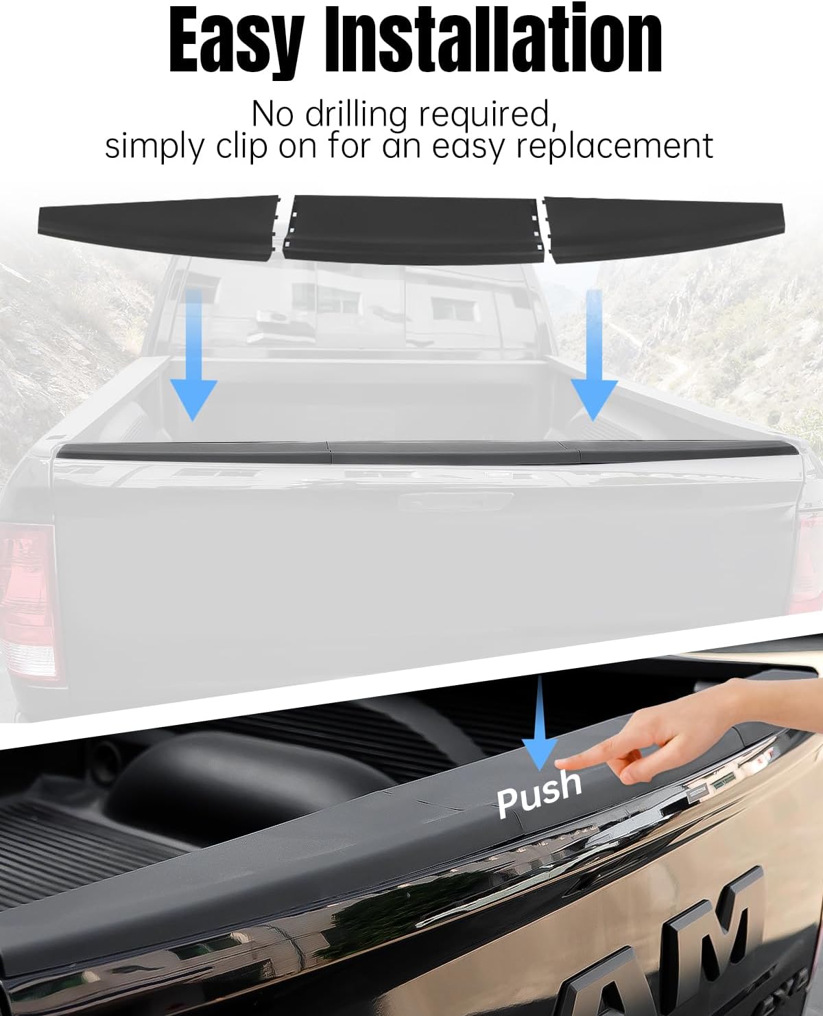 Tailgate Molding Cap Spoiler Cover Protector for Dodge Ram 1500 Accessories 2009-2019, 3PCS Combined Rear Center Flex Step Top Trim Replacement for 2009-2019 Dodge Ram 2500 3500 Classic Truck