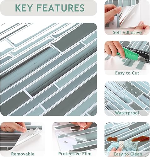 Miniatura 6 de VEELIKE 24 hojas de mosaico para despegar y pegar en muro de cocina, azulejos azules adhesivos para baño, azulejos adhesivos impermeables para