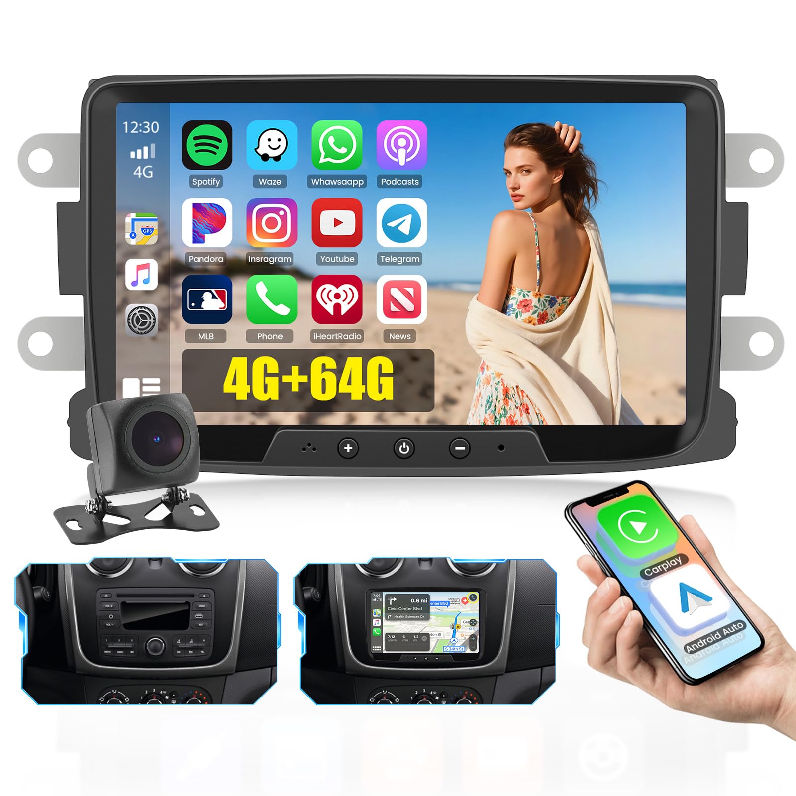 Radio 8 Core/4G + 64G do Dacia Duster Sandero Logan Docker Radio samochodowe 2 Din Android 15 Wireless Carplay Android Auto 8 cali ekran dotykowy z GPS WiFi AHD kamera cofania MIC