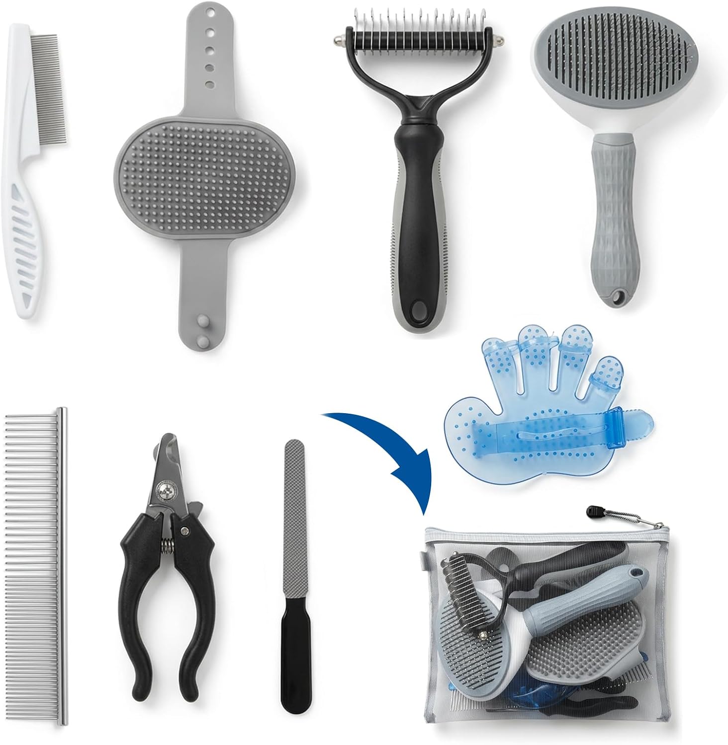 Cat Brush Grooming Kit 8-in-1 for Deshedding Dematting Long Haired Cats