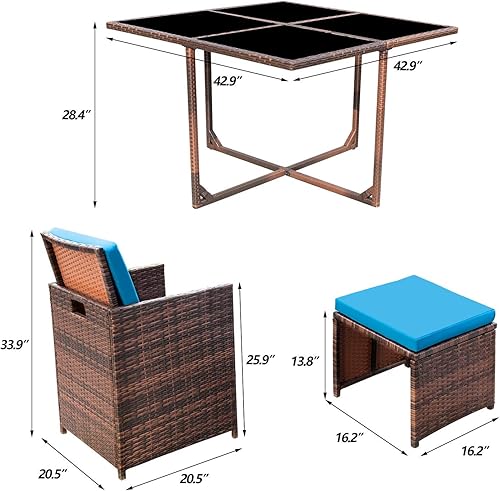 Miniatura 7 de KaiMeng - Juego de comedor de 5 piezas para patio, sillas de mimbre marrón y negro, para exteriores, muebles de mimbre para balcón, porche con