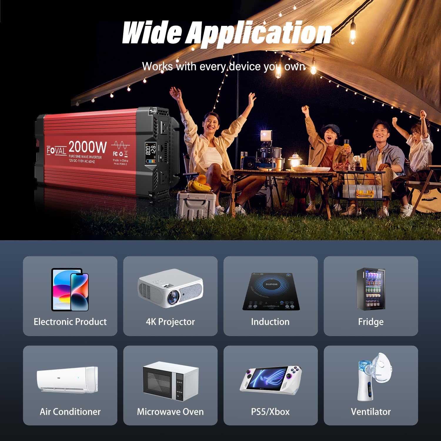 FOVAL 2000W Pure Sine Wave Inverter 12V DC to 110V AC Converter, 4000W Peak Power Inverter with LCD Display and 2 AC Outlets for Home, RV, Truck, and Off-Grid Solar System, Remote Controller