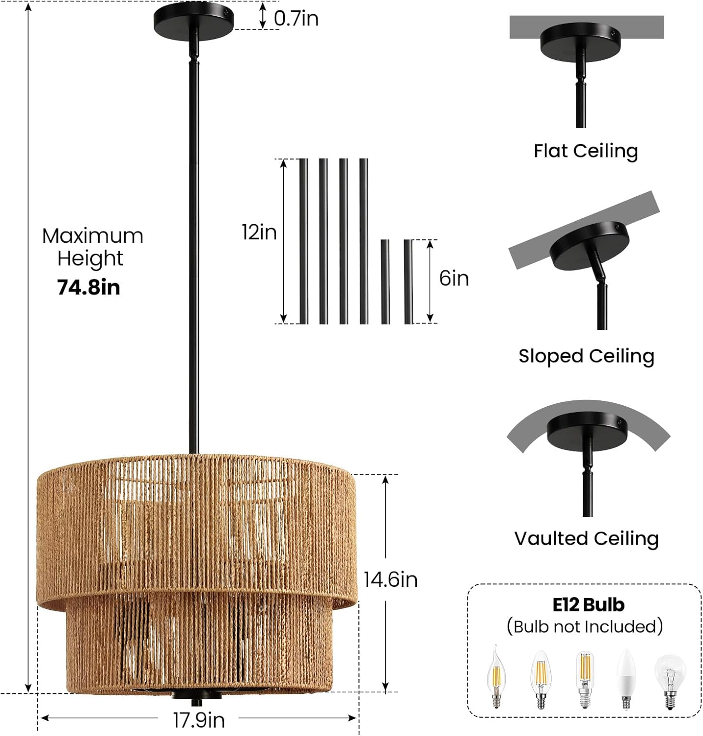 Rattan Chandelier Light Fixtures: 18 inch Boho Large Pendant Lights with Wicker Lampshade, E12 5 Light Height Adjustable Hand Woven Hanging Black Chandeliers for Dining Room Kitchen Living Room