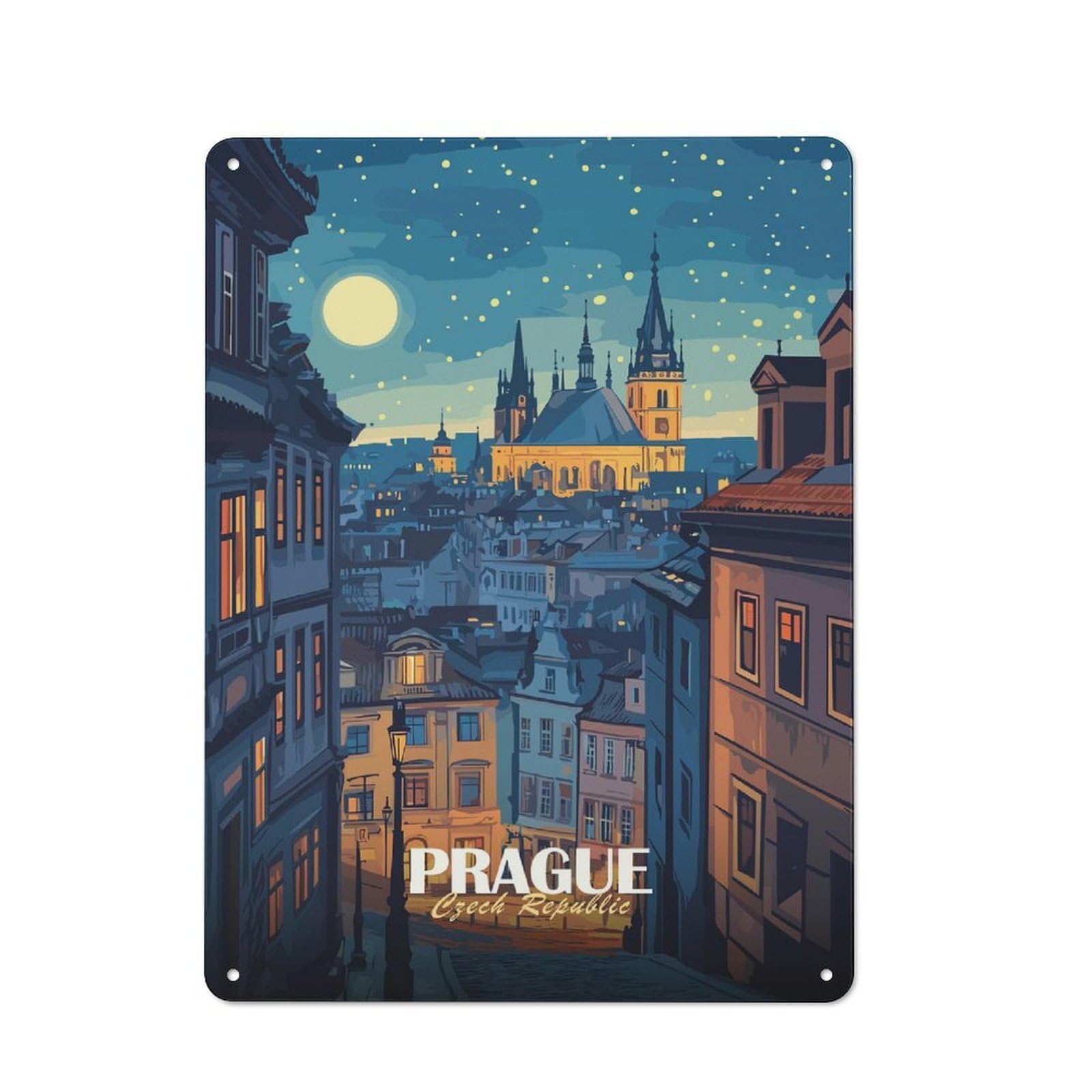 Junmoney Style-24 Tin Wall Plaque 40X30cm With Prague Czech Republic Night Cityscape For Hallway Wall, A Decorative Metal Sign For Hallways And Entrance Areas