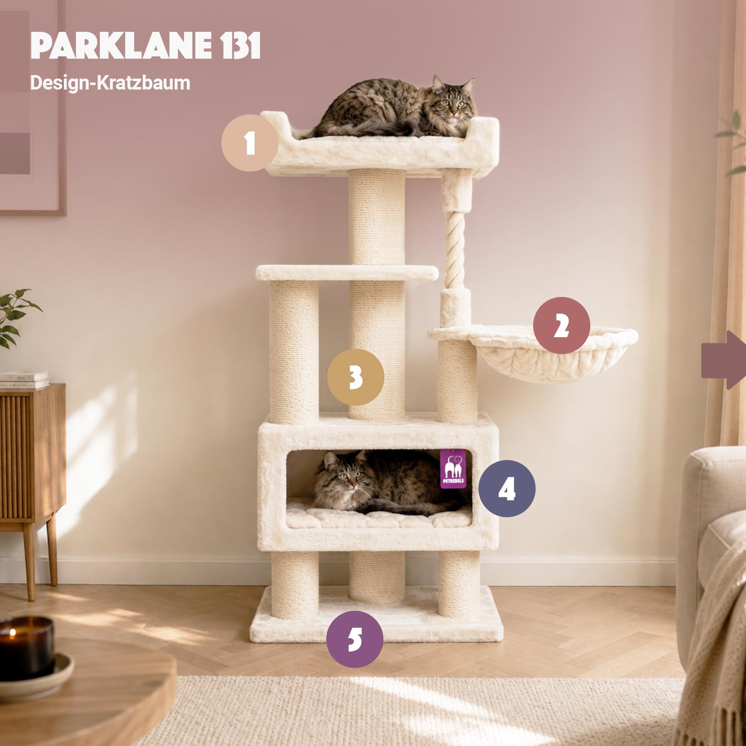 Petrebels Arbre à Chat Parklane 131 cm, Couleur Beige/Crème, Design Arbre à Chat avec Hamac