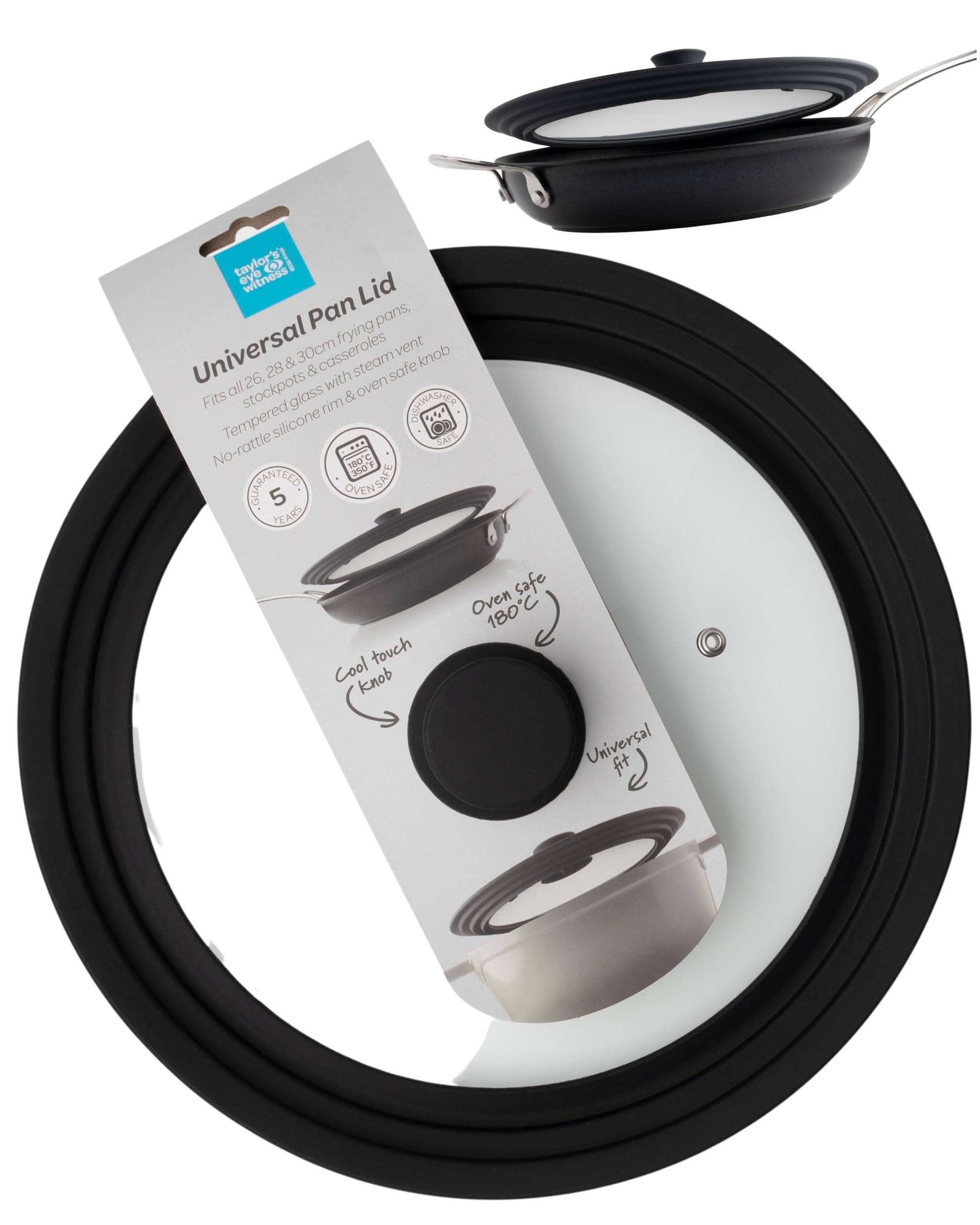 Taylors Eye Witness Universal Pan Lid - 3-in-1 Space Saving Frying Pan Cover, Tempered Glass with Silicone Rim and Oven-Safe, Cool Touch Knob. Fits 26cm, 28cm, & 30cm Pans, Pots & Casserole Dishes