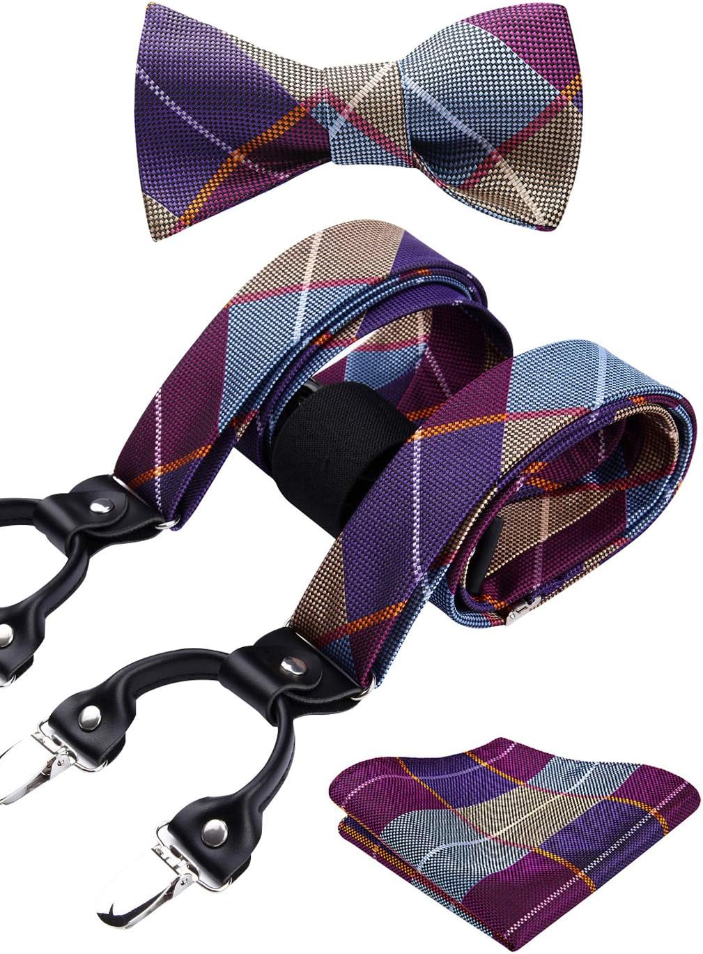 HISDERN Check Dots 6 Clips Suspenders & Bow Tie and Pocket Square Set Y Shape Adjustable Braces