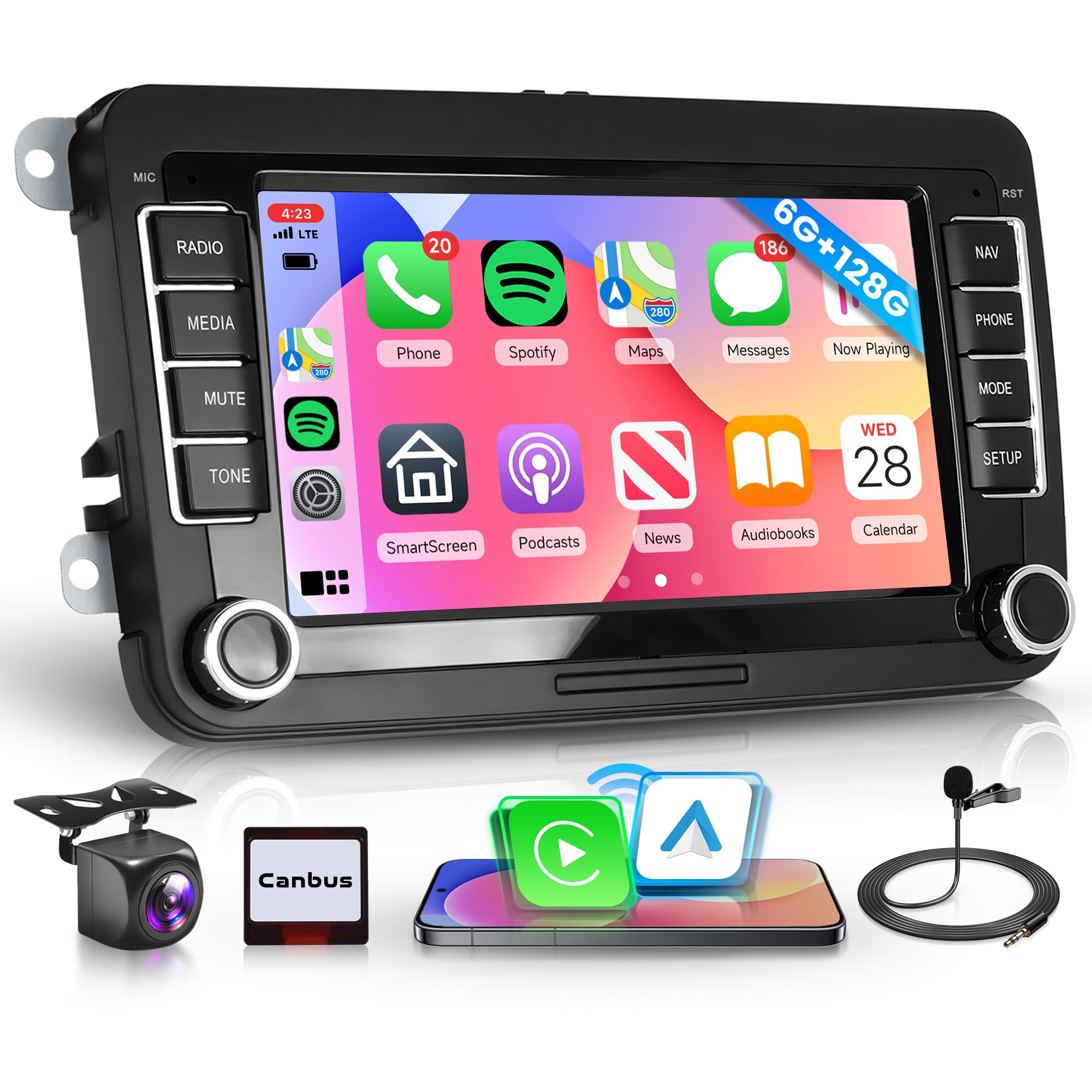 8Core 6G+128G Car Radio Stereo for VW Passat Jetta Tiguan Golf MK5 MK6 T5 EOS Polo, Android Rimoody 7'' Wireless Carplay Android Auto Mirror Link GPS 4G-WiFi BT 5.0 FM/AM/RDS DSP Camera