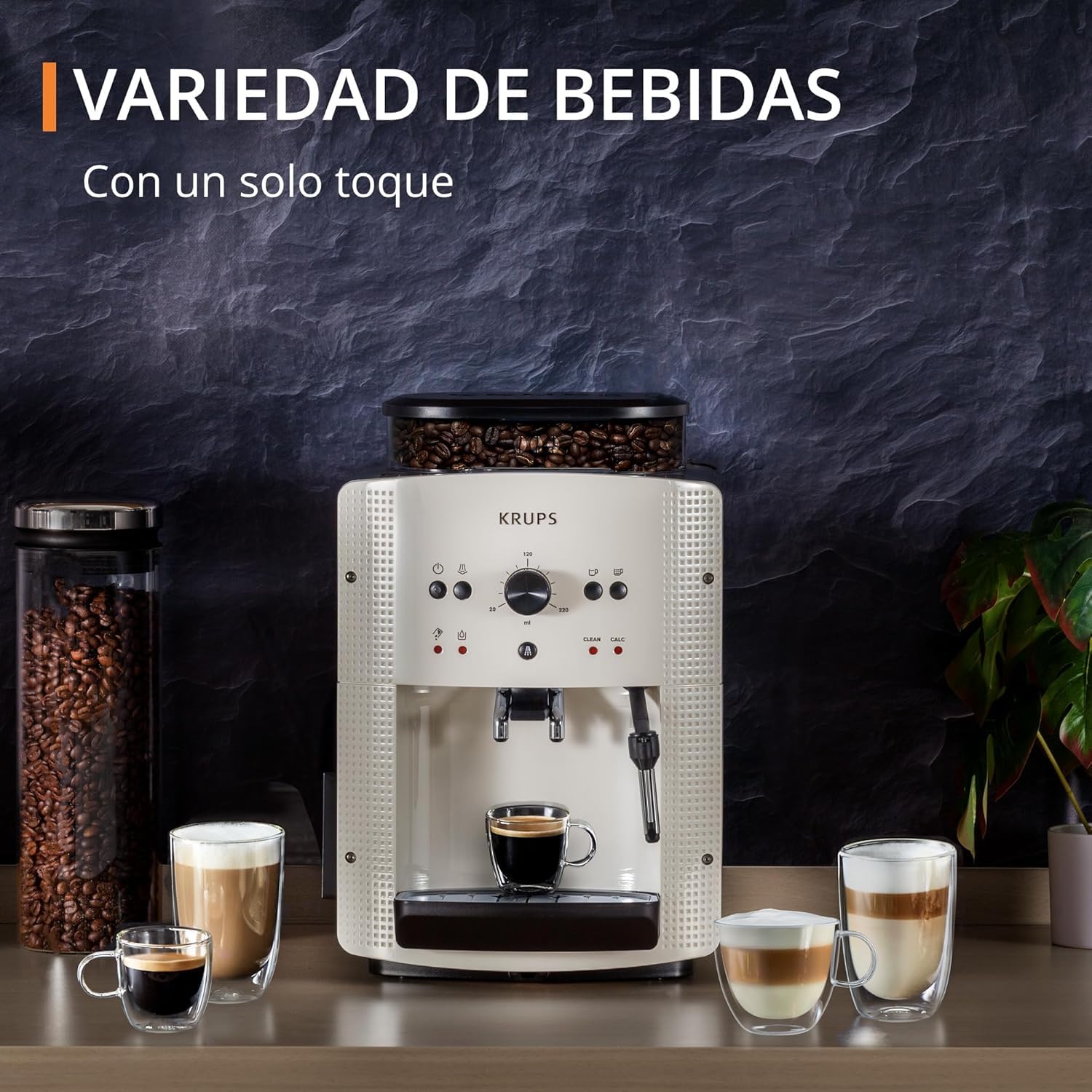 Krups Roma, Cafetera superautomática, Depósito de agua 1,6 L, 3 niveles de temperatura, 3 niveles de intensidad, 15 bares, Molinillo cónico de metal, Panel de control fácil, Blanca, EA8105