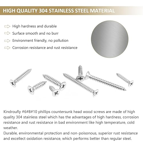 Miniatura 2 de Kindroufly 327 tornillos autorroscantes Phillips #6#8#10 con cabeza avellanada, kit surtido de tornillos para madera, acero inoxidable 304