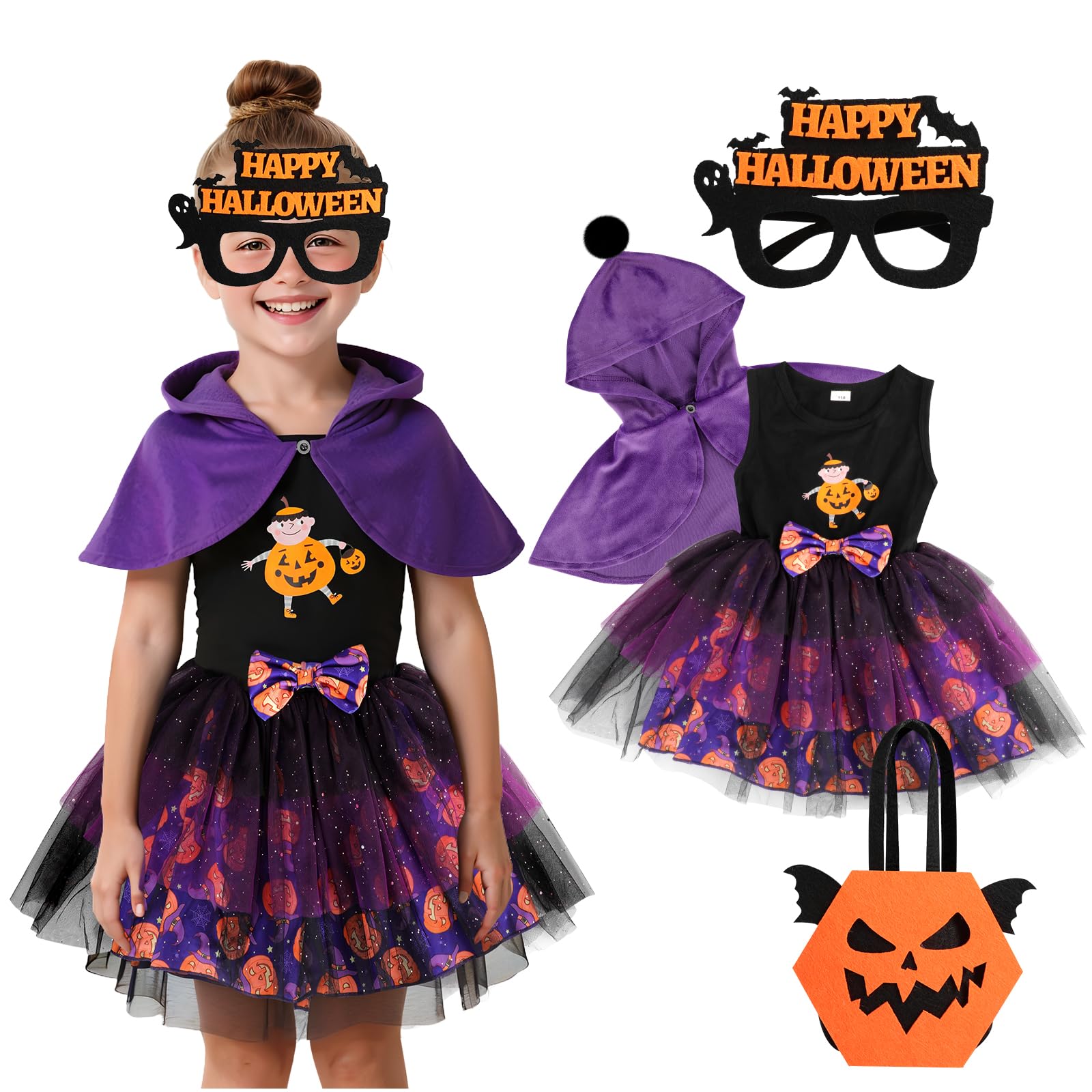 TAGVO Costume da Strega Halloween per Bambina, Ragazze Principessa Vestito Strega Viola Poncho Cappuccio Capo Paillettes Tulle Abiti serbatoio per bambini Halloween fantasia vestire per 1-6 anni