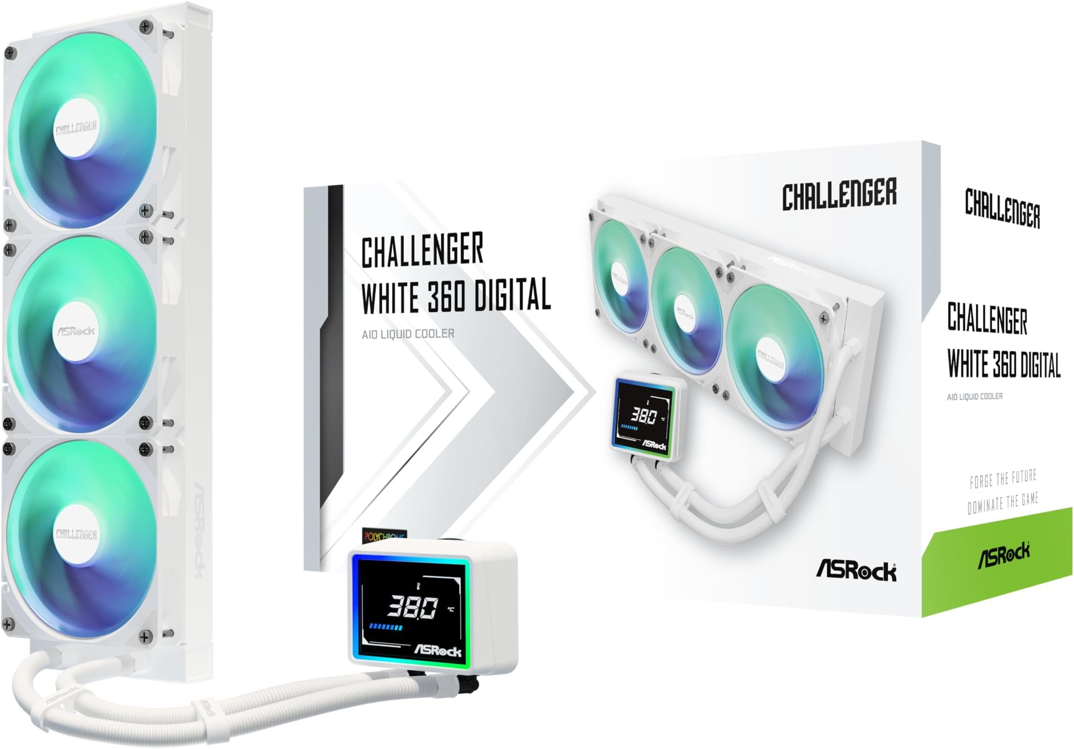 ASRock Challenger White 360 Digital All-in-One Liquid CPU Cooler, 3-Inch Smart Display, 360mm Radiator, 3-Phase Pump, ARGB, 6-Year Warranty