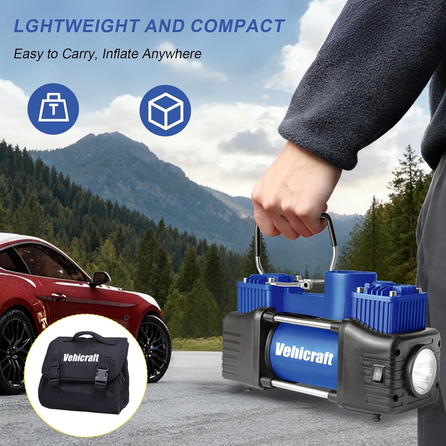 Blue Tire Inflator Portable Air Compressor, Heavy Duty Double Cylinders Auto Pump, 12V Portable Air Compressor Pump with Emergency LED Light - 150PSI Tire Pump, Apply to Car, SUV, RV