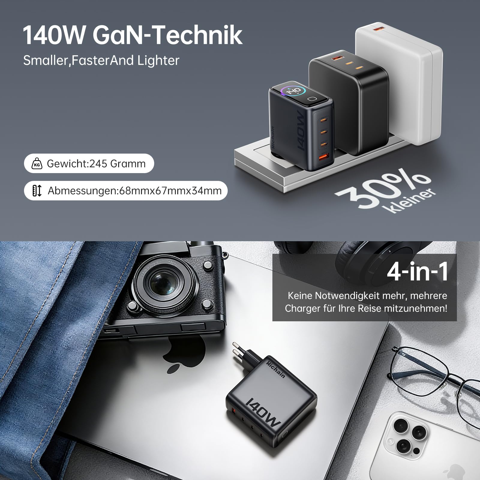 Hichain USB C Ladegerät 140W,Laptop Ladegerät, 4-Port Multi-Geräte Schnellladeleistung, Fortschrittliches GaN Netzteil,Ultra-schnelles 140W Laden bei 1,PortTouch Control