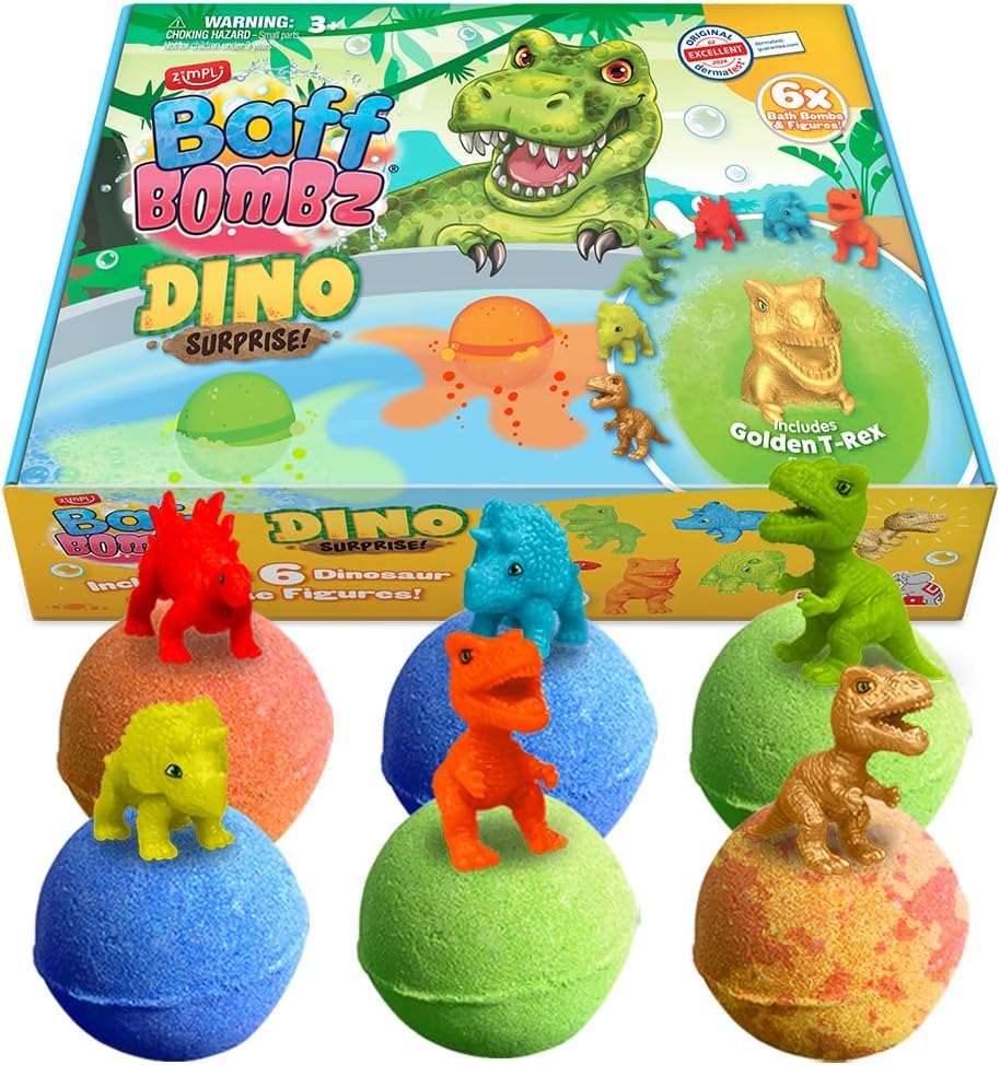 ZIMPLI - 6 x duże kule do kąpieli Dino Surprise, 6 zabawek‑dinozaurów w zestawie, zabawki do kąpieli dla chłopców, świąteczne i urodzinowe prezenty, kula do kąpieli Baff Bombz dla dzieci