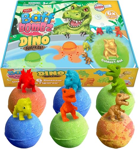 ZIMPLI - 6 x Large Dino Surprise Bath Bombs, 6 Surprise Dinosaur Toys Included, Boys Bath Toys, Christmas & Birthday Gifts, Baff Bomb Present for Kids